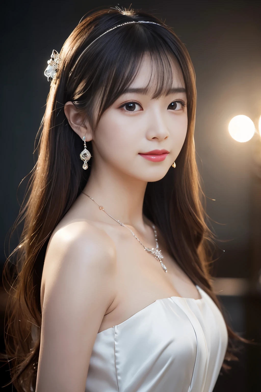 最high quality, masterpiece, High resolution, 1 girl, clear silk porcelain dress, beautiful face, hair accessory, looking at the audience, smile, close your mouth, lips, dress, hair accessory, necklace, jewelry, long hair, earrings, beautiful face, On the body, Tyndall effect, realism, Dark studio, edge lighting, two-tone lighting, (high detail skin: 1.2), 8k UHD, Digital single-lens reflex camera, soft light, high quality, volume lighting, photograph, High resolution 4K, 8k, blurred background