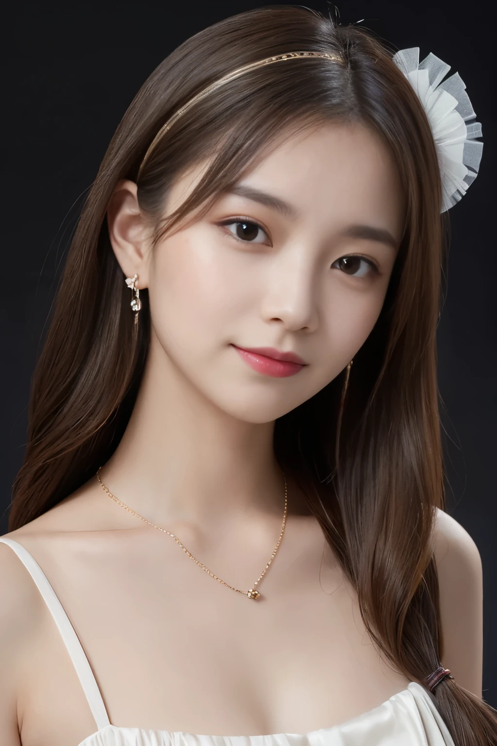 最high quality, masterpiece, High resolution, 1 girl, clear silk porcelain dress, beautiful face, hair accessory, looking at the audience, smile, close your mouth, lips, dress, hair accessory, necklace, jewelry, long hair, earrings, beautiful face, On the body, Tyndall effect, realism, Dark studio, edge lighting, two-tone lighting, (high detail skin: 1.2), 8k UHD, Digital single-lens reflex camera, soft light, high quality, volume lighting, photograph, High resolution 4K, 8k, blurred background