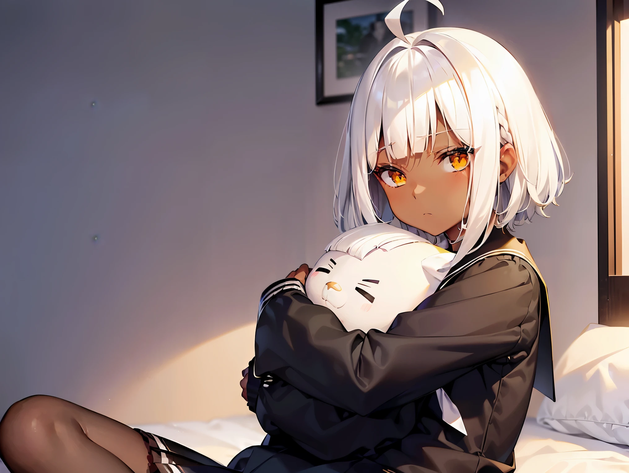 Cimematic vision, nigth, ((1girl)), (ta), ((((Dark skin)))), ((((short white hair)))), (((blunt bangs))), yellow eyes, ((cabelo emaranhado)), ((((no expression)))), Sonolenta, ((ahoge)), ((black school uniform)), Red tie, desleixada, ((melhor qualidade)), ((obra de arte)), (detalhado), rosto perfeito, ((style novel)) sitting in bag, ((hugging plush)), cores beautiful, ((((style anime Shikimori-san)))), ((In room), sitting in bag