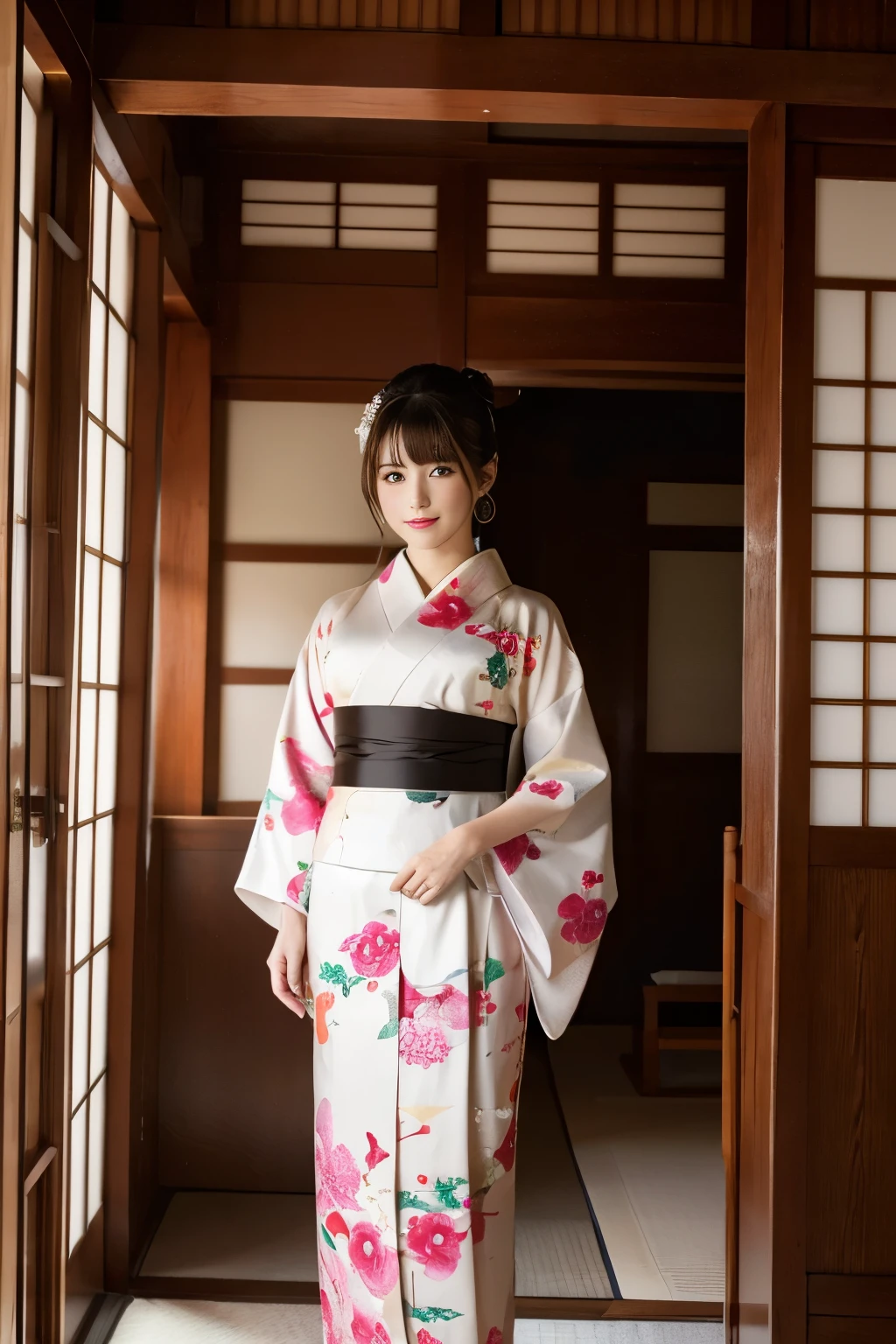 (8k, highest quality, masterpiece, ultra high resolution: 1.2),kimono,Japanese style room,in the same way,whole body