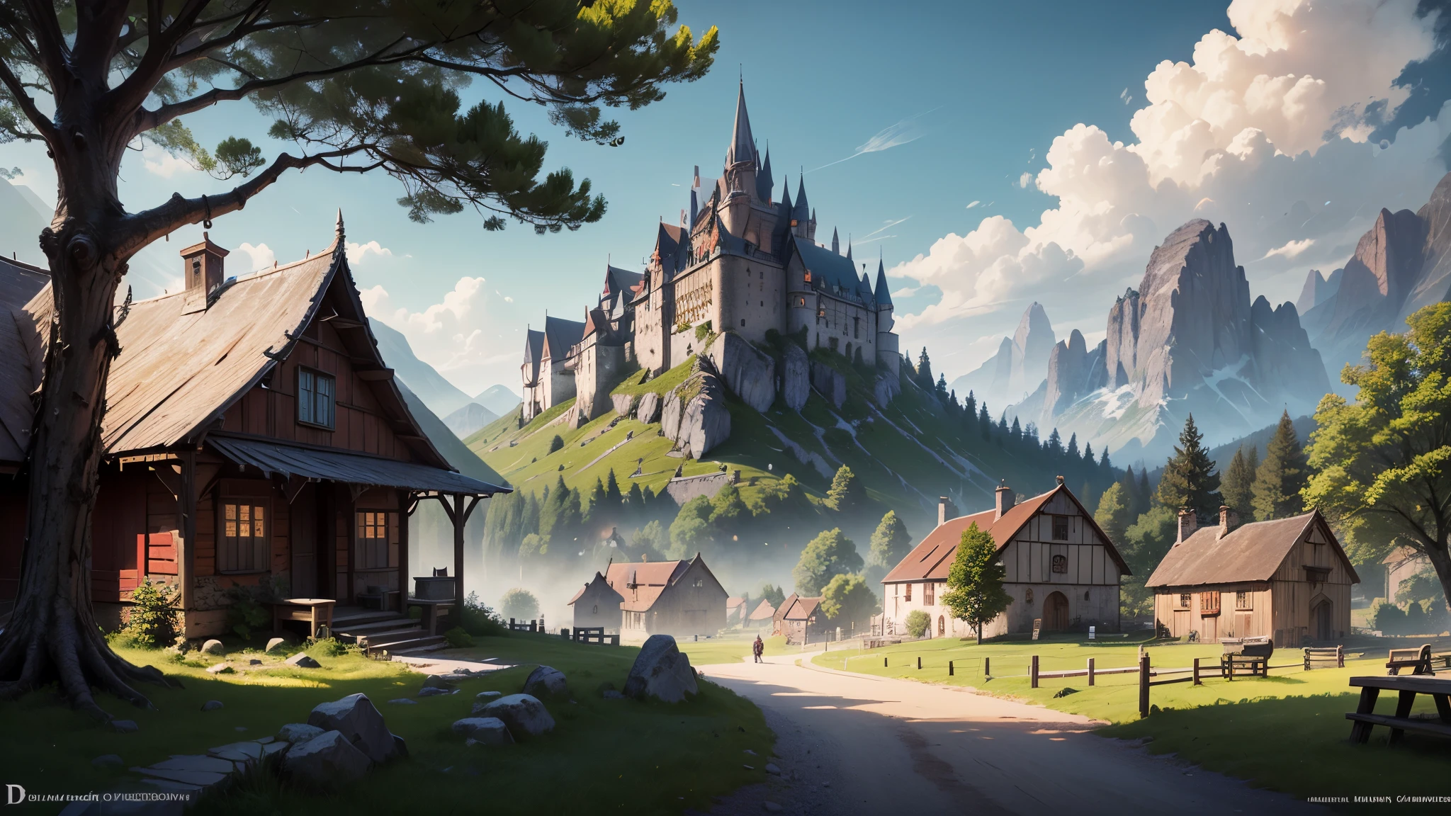 A small medieval village, fantasy, D&D, concept art, sharp focus, trending on artstation, digital painting, midday, sunny, beautiful, texture, wizards of the coast, tabletop, roleplay, stone and wooden building materials, european culture, mountains, (red roof:1.2), trees, bushes
