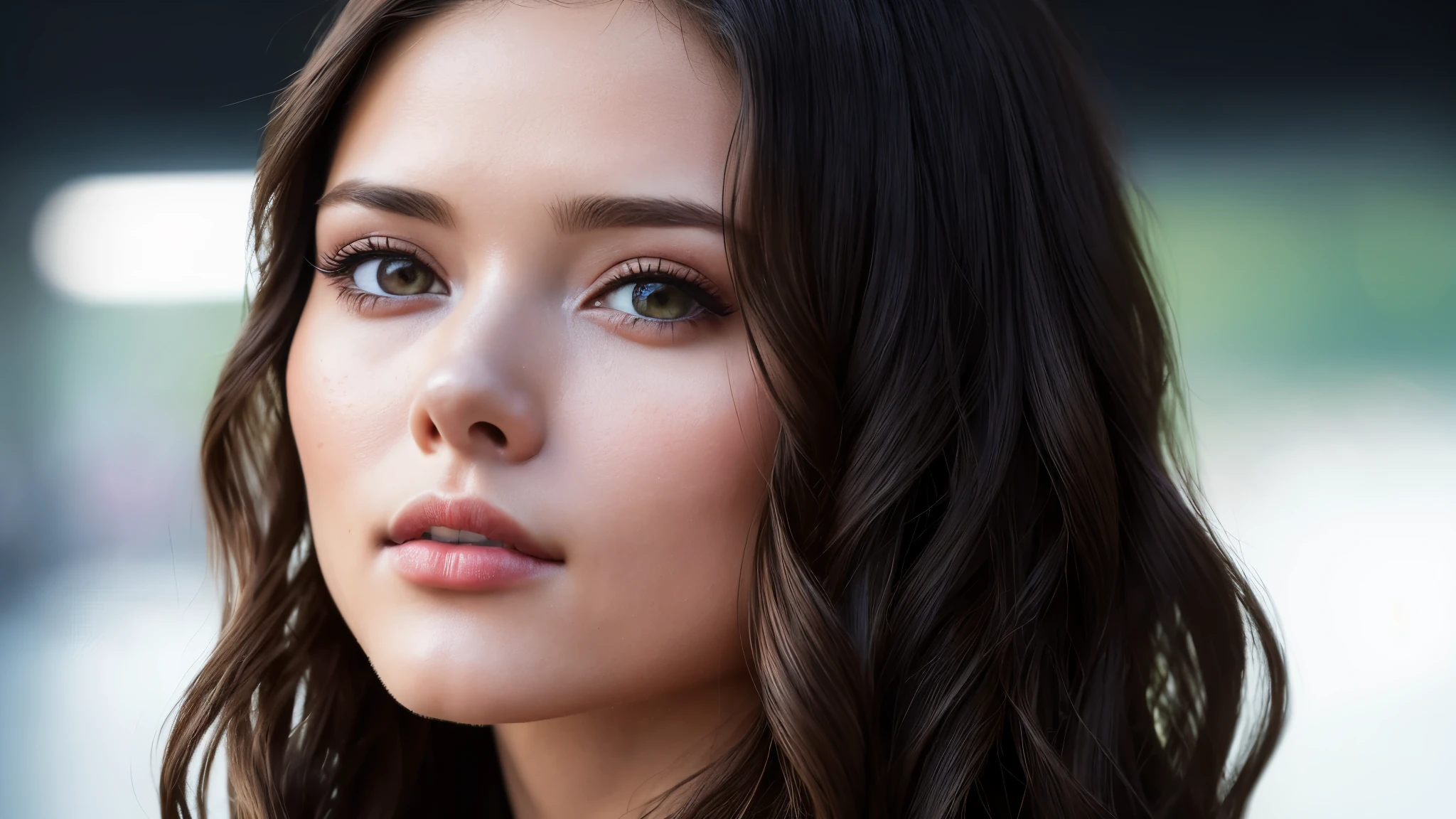 Full face portrait photo of 25 year old European girl, RAW, beautiful woman, semi-open strawberry lip, dimples, wistful expression, (brown hair with extra long wavy), ((detailed face)), ((detailed facial features)), (fine detailed skin), pale skin, cyberpunk megacity environment, (cool color), moist, damp, reflection, (masterpieceShot with Canon EOS R5 (detail) (Realistic photos) (Detailed details) 50mm lens, f/2.8, HDR, (8k) (wallpaper) (cinematic lighting) (dramatic lighting) (sharp focus) (complex), RAW photography, RAW photography, gigachad photography, camera pose, black jeans, back arm, 8k uhd, dslr, high quality, Grain Film, Fujifilm XT3, Film Stock Photo 4 Kodak Portra 400 Camera F1.6 Lens Rich colors Ultra-realistic textures Dramatic lighting Unreal Engine Art Station Trends Cinestill 800 Tungsten, Toughboy Style, Ultra Focus Face, Intimidating, Combat Position, Black and Long Curly, Muscles, Bursting Veins, Beads, Young woman with open silk shirt and big breast skirt, photorealistic, 4K, upscale, lint ricate, full body, elegant, highly detailed, very elaborate, photorealistic art, concept art by art, matte, neoartcore, sharp focus, illustration, shiny skin, photorealistic clothes, beautiful face, Symmetrical eyes, symmetrical, beautiful eyes, photorealistic face, perfect face, symmetrical body, photorealistic eyes, safe to work, photorealistic body, photorealistic woman, photorealistic hair, photorelistic mouth, ultra high resolution, best quality, 8K, raw photo