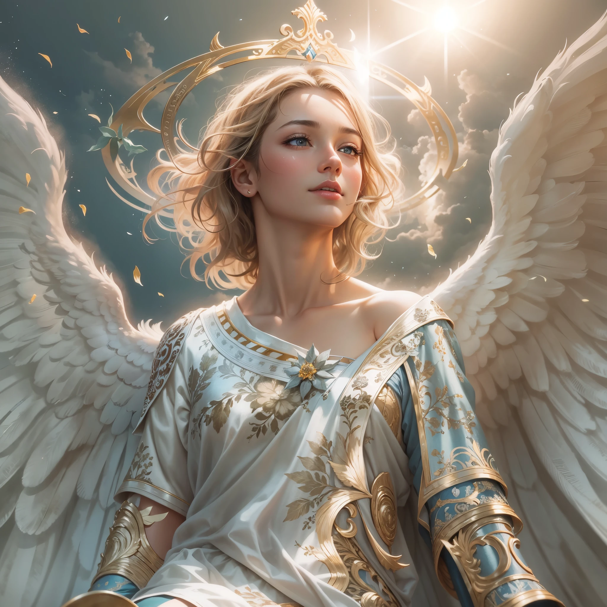 masterpiece, highest quality, 8k, real person, realistic, Very detailed CG, shiny skin, Fully focused, heaven, glory of god, shine, Angel, bless, happiness,