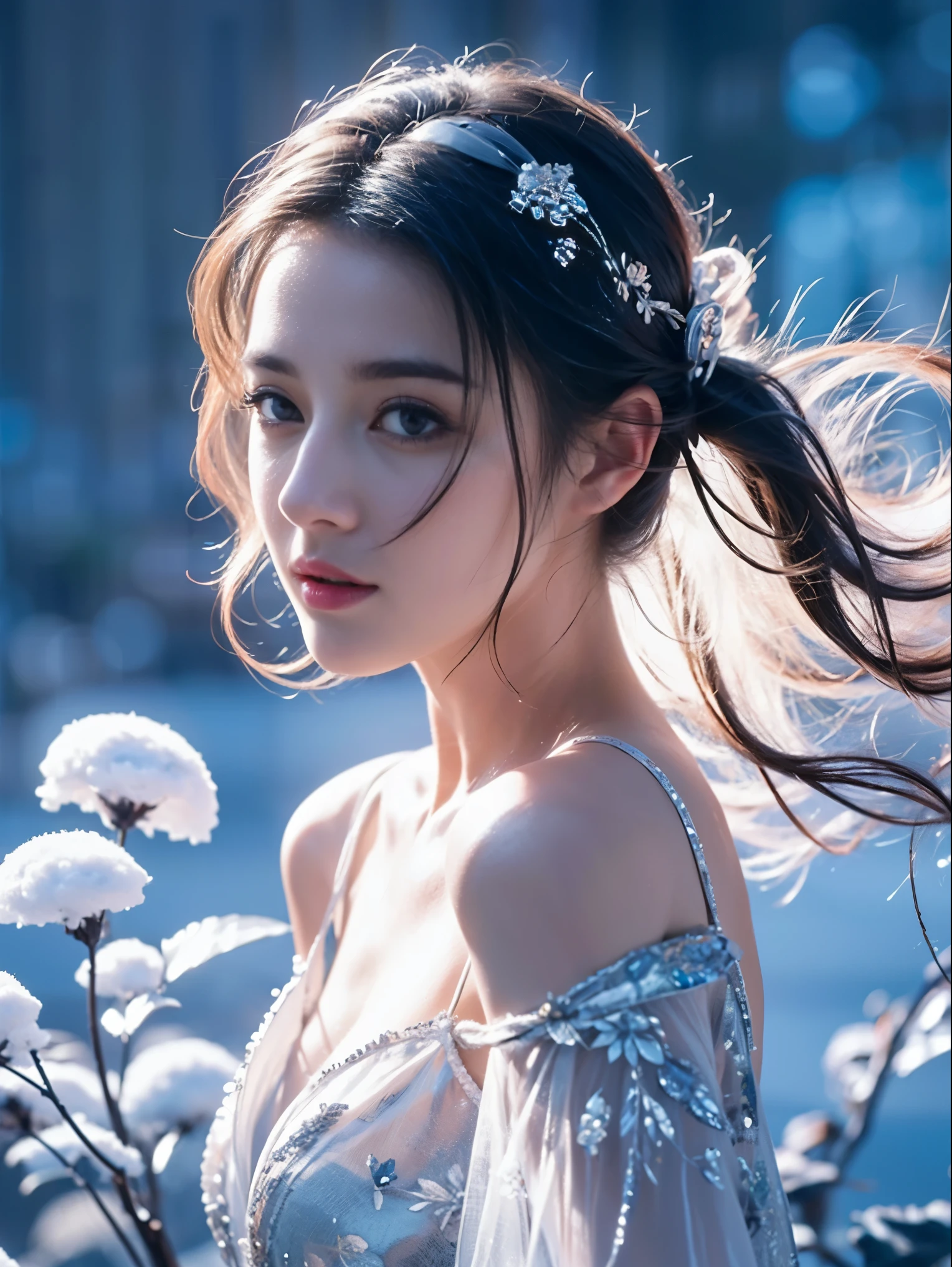 (((masterpiece))), best quality, illustration, 4k wallpaper, movie lighting, absurd, 1 girl,(snow,ice), snow花, in winter, white hair, shiny hair, curls, transparent clothes, frills, lace, wet clothes, leave_Shoulder, hair tie,masterpiece, telephoto lens, absurd, Exquisite facial features,record,Poster composition,pose elegantly,,Natural light,soft light,(Seven-part combination) ,epic,Dreamy and magical,mystery