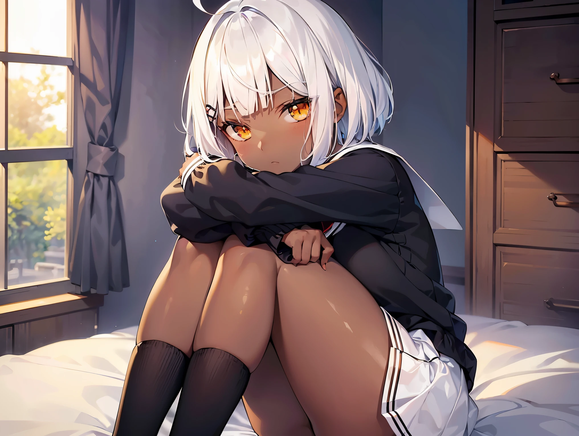 Cimematic vision, nigth, ((1girl)), (ta), ((((Dark skin)))), ((((short white hair)))), (((blunt bangs))), yellow eyes, ((cabelo emaranhado)), ((((no expression)))), Sonolenta, ((ahoge)), ((black school uniform)), Red tie, desleixada, ((melhor qualidade)), ((obra de arte)), (detalhado), rosto perfeito, ((style novel)) sitting in bag, ((hugging plush)), cores beautiful, ((((style anime Shikimori-san)))), ((In room), sitting in bag