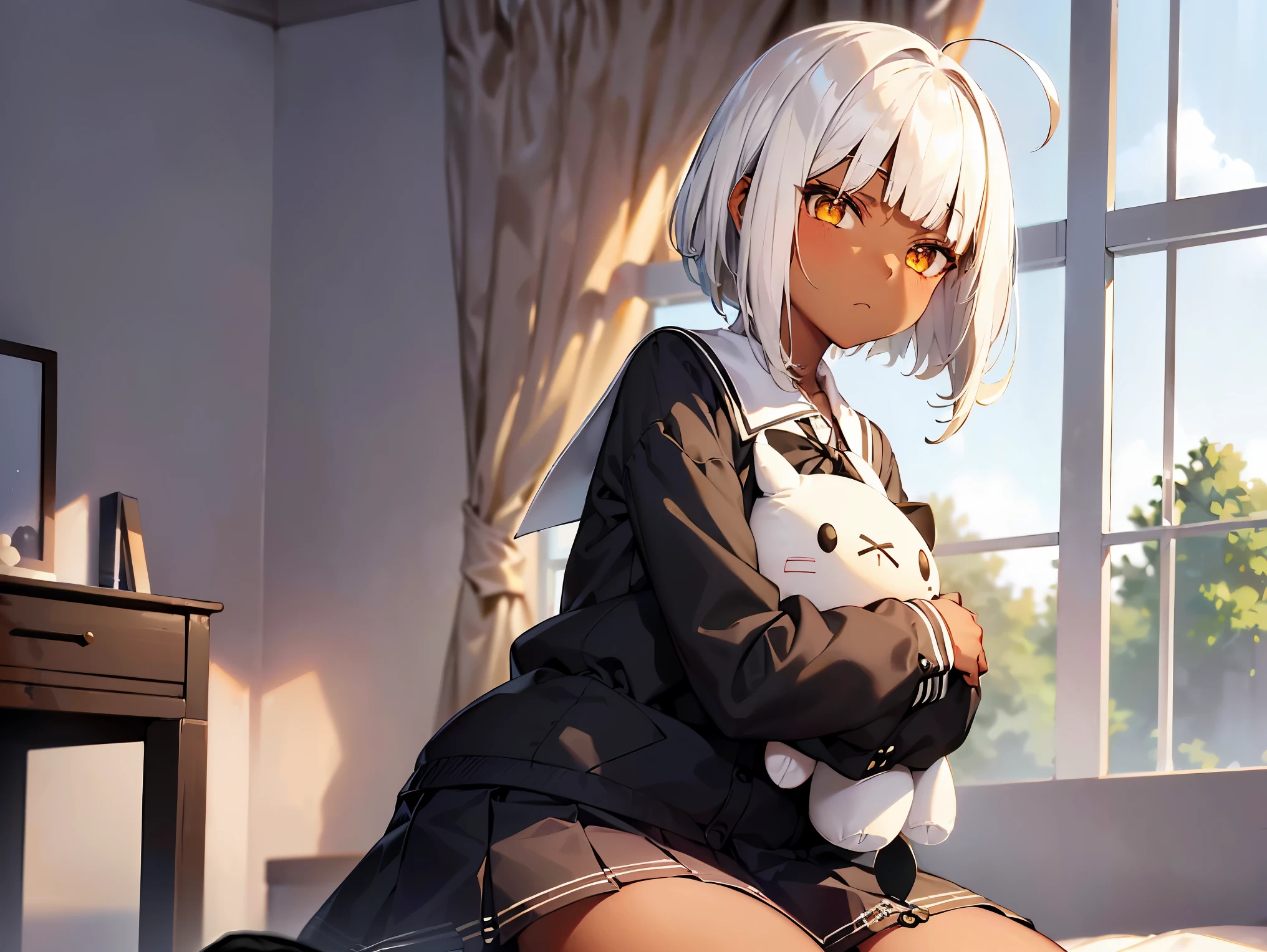 Cimematic vision, nigth, ((1girl)), (lolita), ((((Dark skin)))), ((((short white hair)))), (((blunt bangs))), yellow eyes, ((cabelo emaranhado)), ((((no expression)))), Sonolenta, ((ahoge)), ((black school uniform)), Red tie, desleixada, ((melhor qualidade)), ((obra de arte)), (detalhado), rosto perfeito, ((style novel)) sitting in bag, ((hugging plush)), cores beautiful, ((((style anime Shikimori-san)))), ((In room), sitting in bag