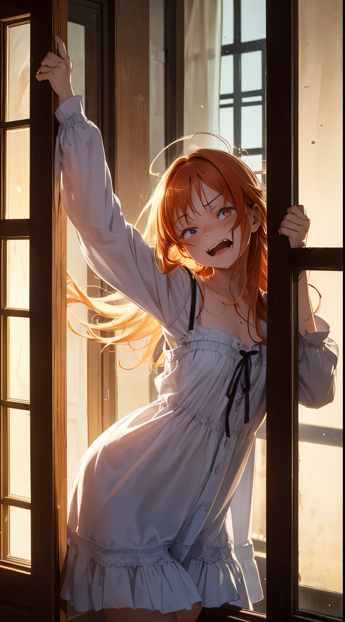 1girl, hovering in the window frame, hovers outside the window, opened window, look in tge camera, (solo), night background, medieval House, medieval era, medieval window, wearing sleaping night dress, ripped clothes, wide smile, long messy ginger hair, (crazy angry face expression:1.35), angry smile, wide open mouth 