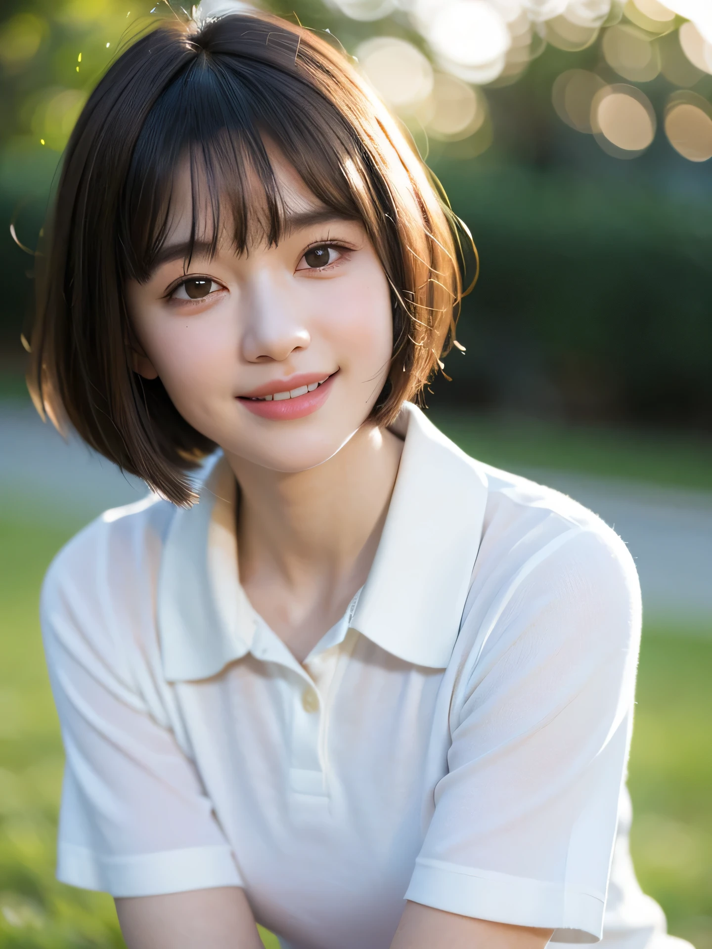 masterpiece, Best Quality, Raw photo, 8K, 1girl, Beautiful detailed skin, backlight, soft light, bashful, embarrassed, smile, Luminescent, Anatomically correct, short hair, bangs, Eyes and faces with detailed, Textured skin, Professional Photography, Bokeh, Portrait, Professional Lighting, Solo, Cute, Girly, Film grain, (School Uniforms:1.2),