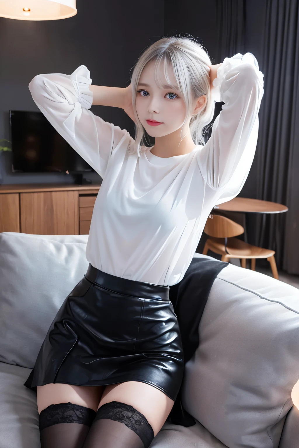 (((1 girl)),ray tracing,(dim lighting),[detailed background (living room)),((silver hair)),(silver hair)),((Fluffy silver hair, chubby and slender girl)) with a high ponytail))) Avoid golden eyes in the ominous living room ((((The girl is wearing a white opaque shirt, Black wrinkled skirt and black transparent stockings), Expressing a delicate, slender body and graceful curves, correct limbs, put your hands behind your head, put your hands behind your head, put your hands behind your head , eye details, beautiful eyes, delicate eyes, blue eyes