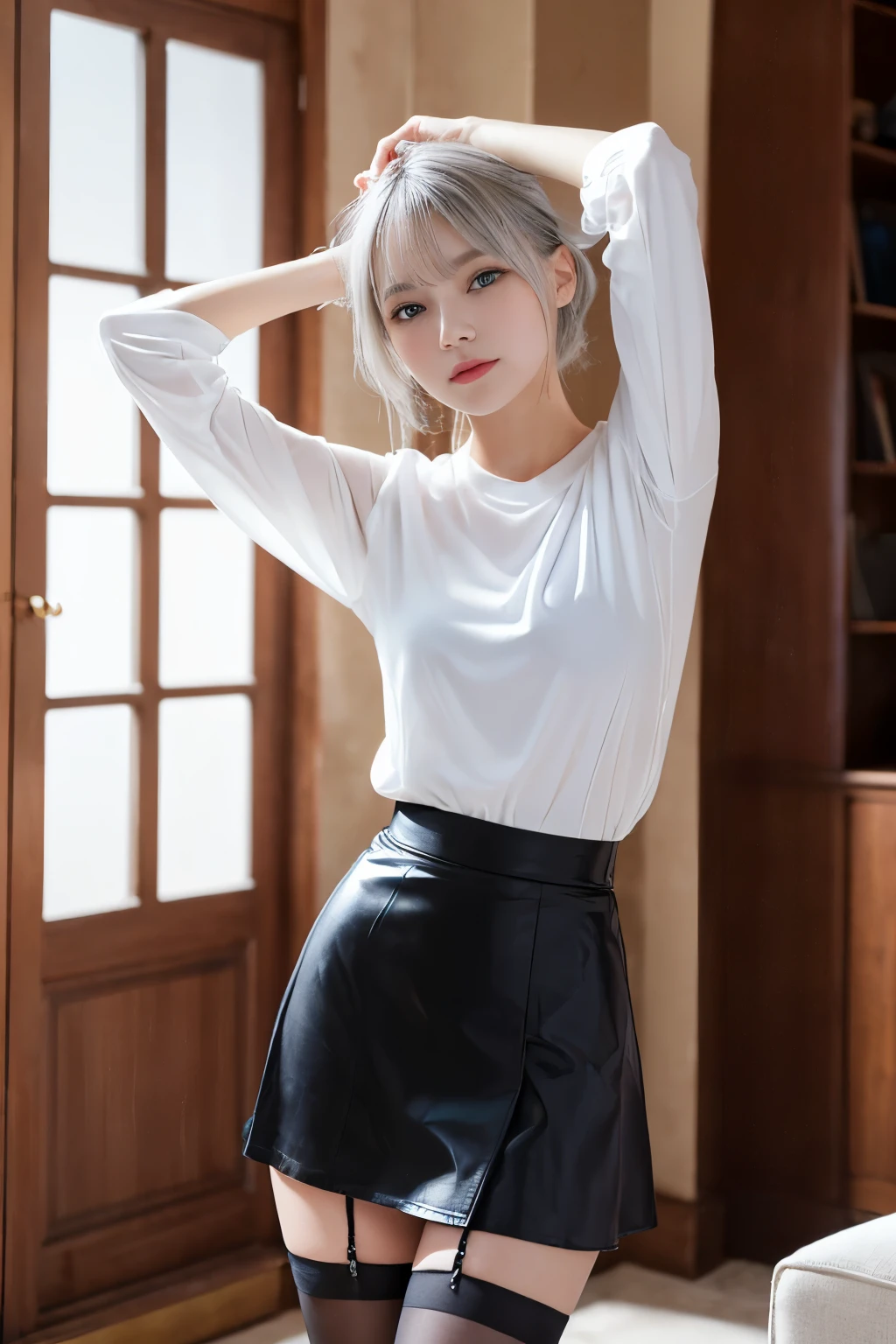 (((1 girl)),ray tracing,(dim lighting),[detailed background (living room)),((silver hair)),(silver hair)),((Fluffy silver hair, chubby and slender girl)) with a high ponytail))) Avoid golden eyes in the ominous living room ((((The girl is wearing a white opaque shirt, Black wrinkled skirt and black transparent stockings), Expressing a delicate, slender body and graceful curves, correct limbs, put your hands behind your head, put your hands behind your head, put your hands behind your head , eye details, beautiful eyes, delicate eyes, blue eyes