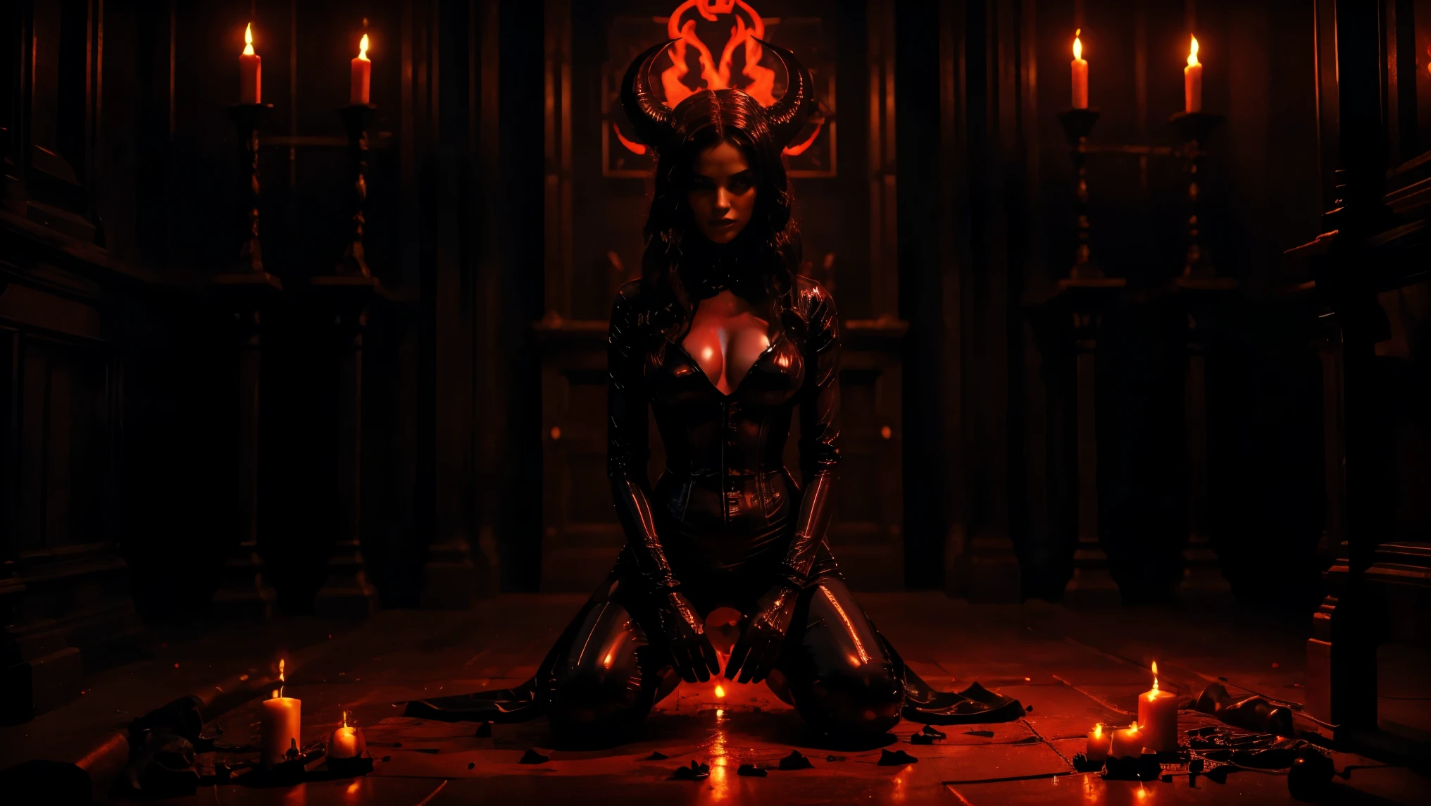 Demon sexy woman in latex kneeling during a satanic ritual, small , satanic ritual, front view, scary background, demonic woman, smoke, high waist mesh, latex, perfect body, half body, sensual posing, perfect face, perfect eyes, ultra detailed, photorealistic, masterpiece, intense red and yellow lighting effects, gothic,