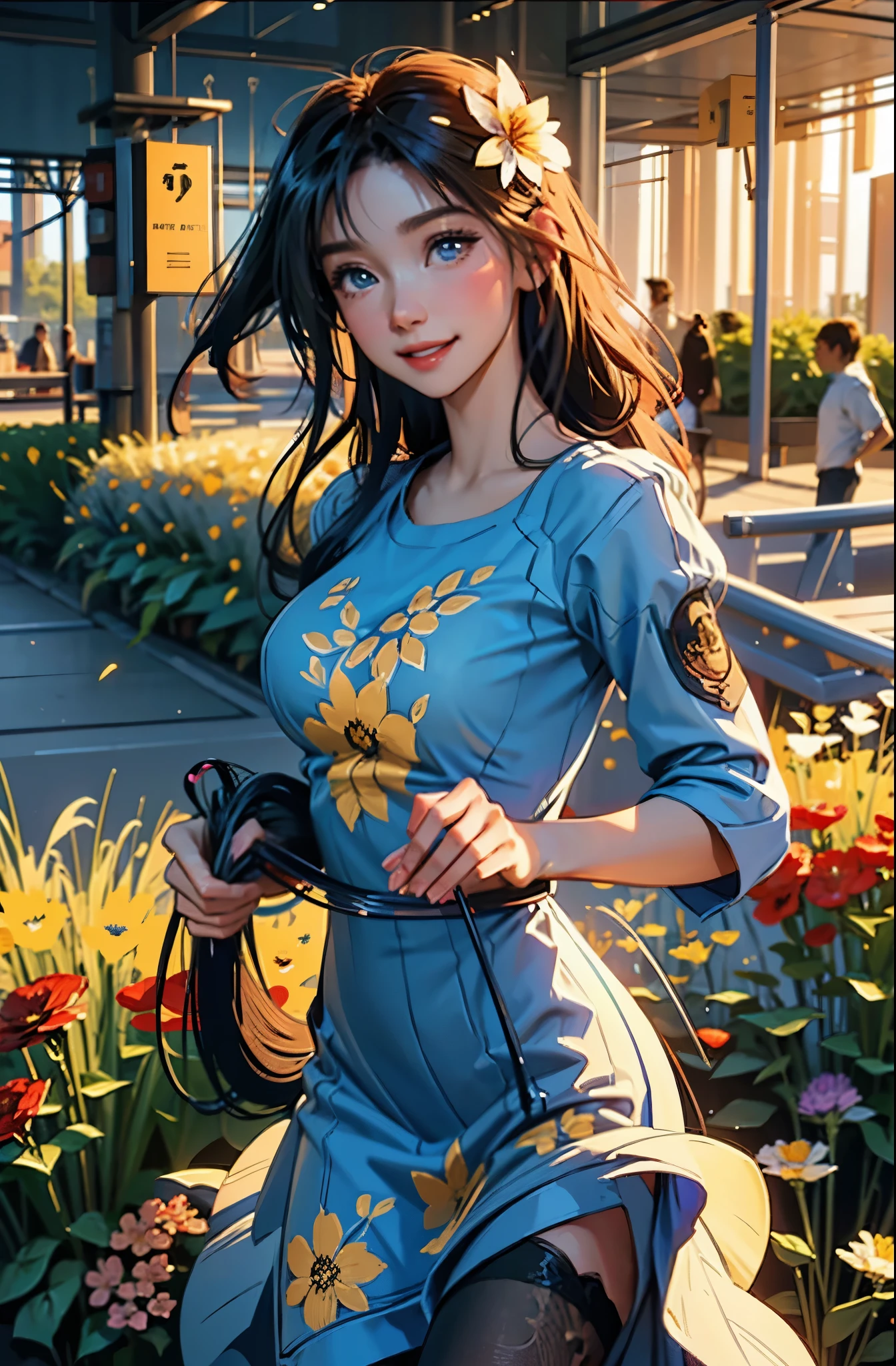 award winning digital art, half body portrait of a beautiful woman in a Tang dress, navy blue teal hairstyle with head in motion and long hair flying, big smile, sparkling eyes, sexy, in a flower field, golden sunset, particles dust, glitter, paint splashes, splatter, outrun, vaporware, shaded flat illustration, digital art, trending on artstation, highly detailed, fine detail, intricate