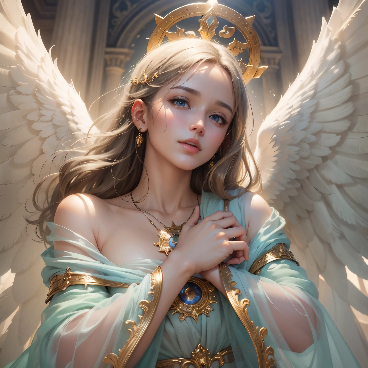 masterpiece, highest quality, 8k, real person, realistic, Very detailed CG, shiny skin, Fully focused, heaven, glory of god, shine, Angel, bless, happiness,