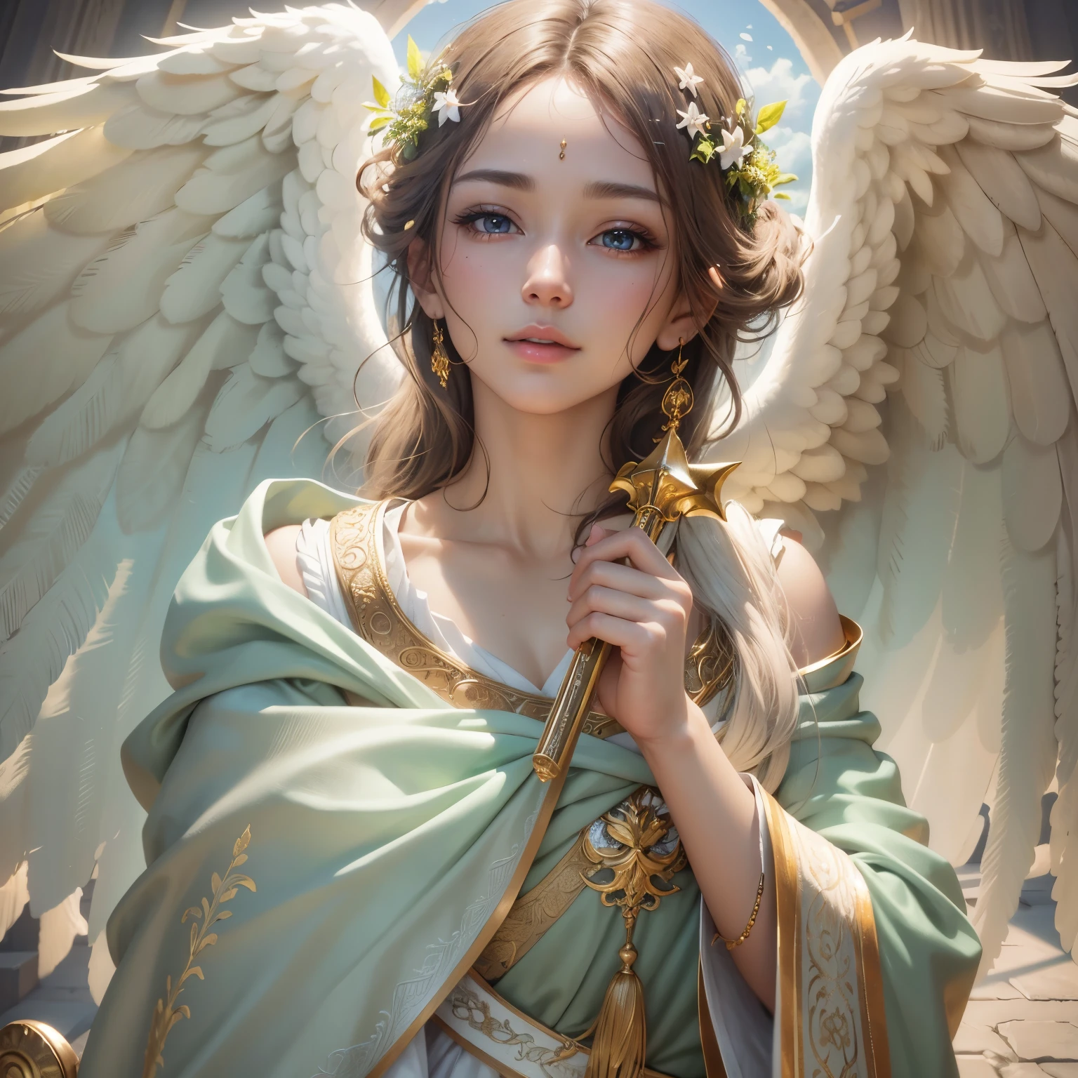 masterpiece, highest quality, 8k, real person, realistic, Very detailed CG, shiny skin, Fully focused, heaven, glory of god, shine, Angel, bless, happiness,