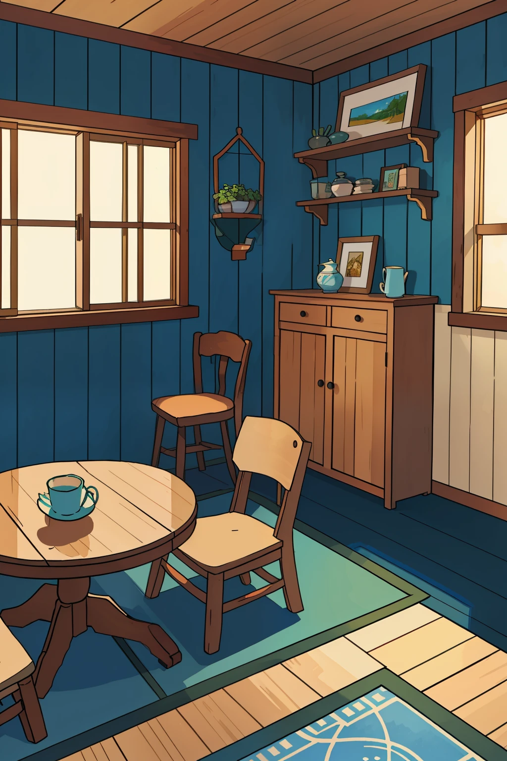Anime style principal cabin: A serene and meticulously crafted space, this principal cabin emanates a sense of tranquility with its distinctive anime aesthetics. White wooden table and chair, placed strategically in the center, invite one to sit and contemplate. Troffee shelves adorned with intricately designed knickknacks line the walls, showcasing a charming collection of memorabilia. No people are present in this scene, leaving the space open for the imagination to fill in their quiet and contemplative story.