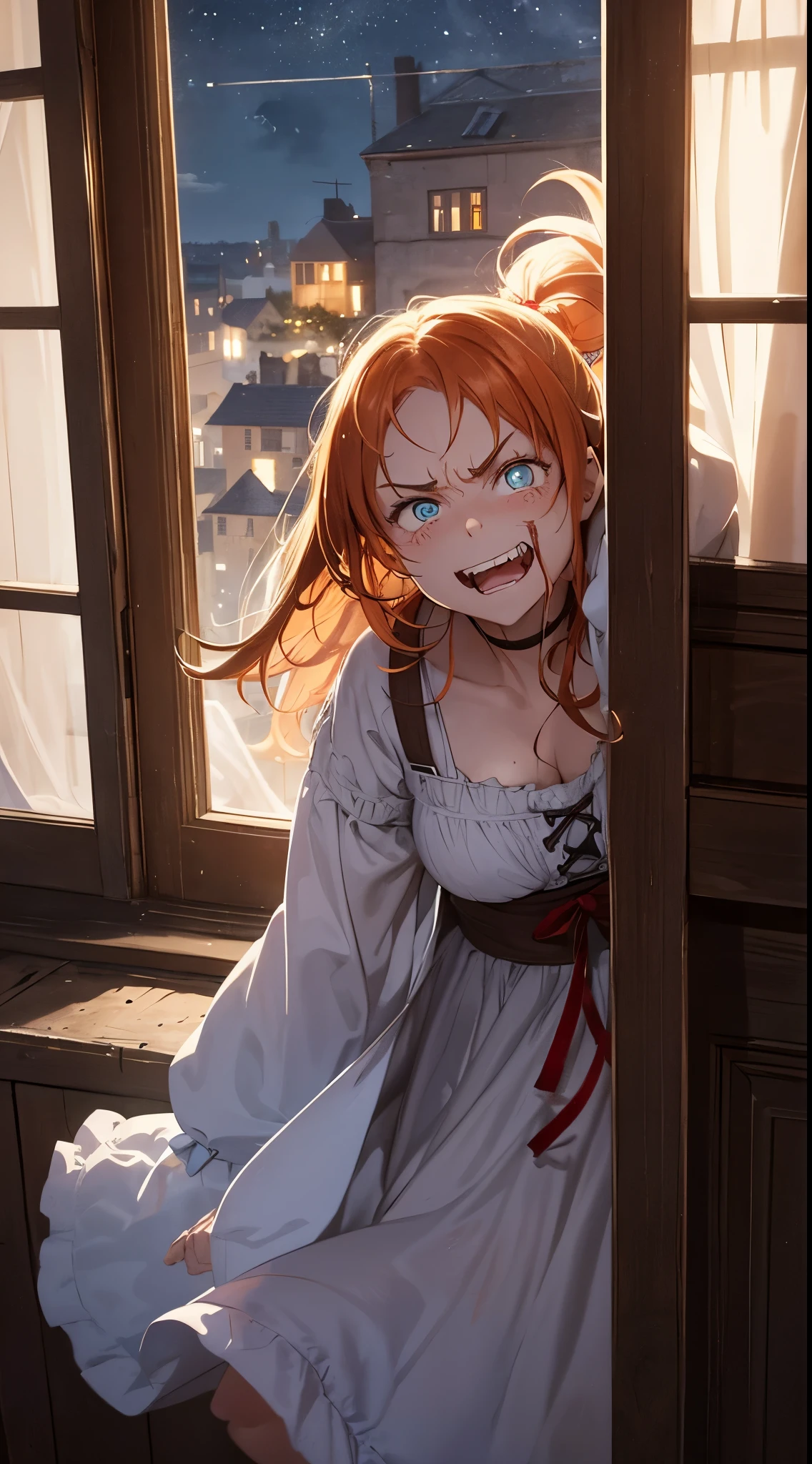 1girl, hovering in the window frame, hovers outside the window, opened window, look in tge camera, (solo), night background, medieval House, medieval era, medieval window, wearing sleaping night dress, ripped clothes, wide smile, long messy ginger hair, (crazy angry face expression:1.35), angry smile, wide open mouth 