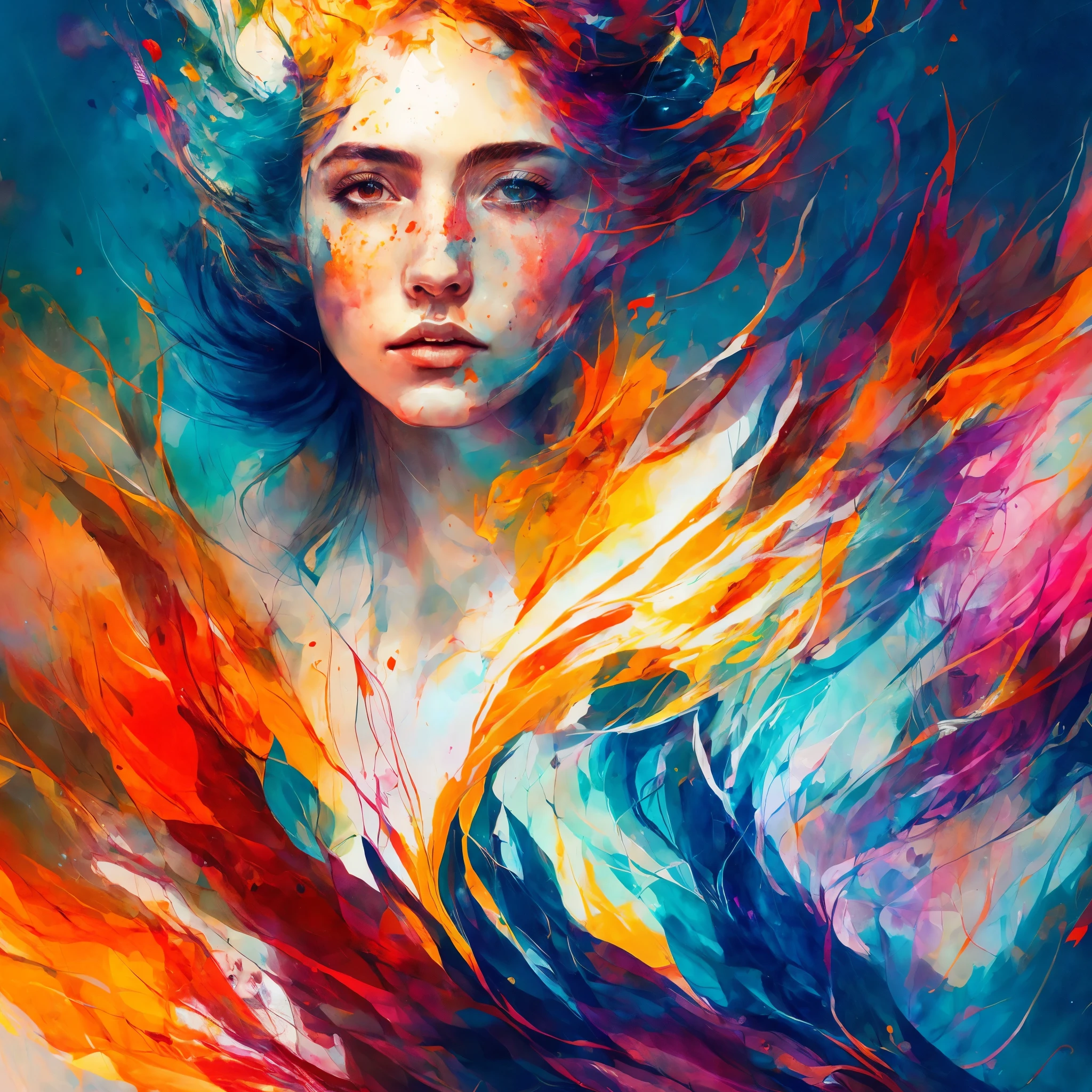 A painting of Agnes Cecile, a woman with luminous design, radiating neon colors, drops of paint glistening like autumn leaves, as if the very essence of her being is illuminated from within, bringing warmth to the cold autumnal background, in 8k resolution for an immersive experience.