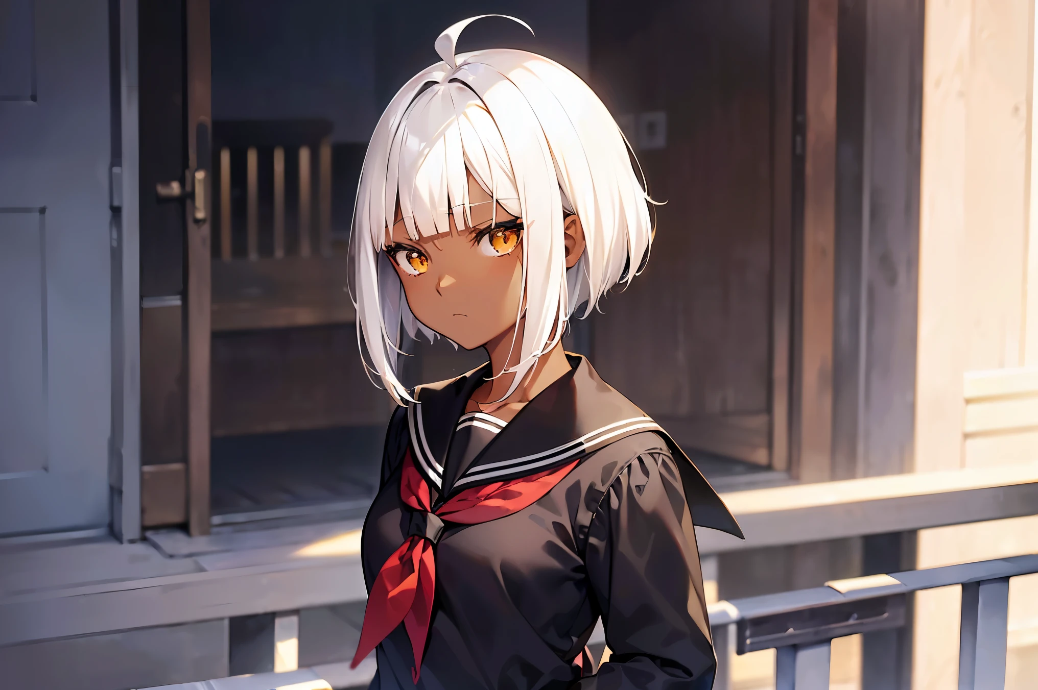 Cimematic vision, nigth, ((1girl)), (lolita), ((((Dark skin)))), ((((short white hair)))), (((blunt bangs))), yellow eyes, ((cabelo emaranhado)), ((((no expression)))), Sonolenta, ((ahoge)), ((black school uniform)), Red tie, desleixada, ((melhor qualidade)), ((obra de arte)), (detalhado), rosto perfeito, ((style novel)), ((school terrace)), cores beautiful, ((((style anime Shikimori-san))))