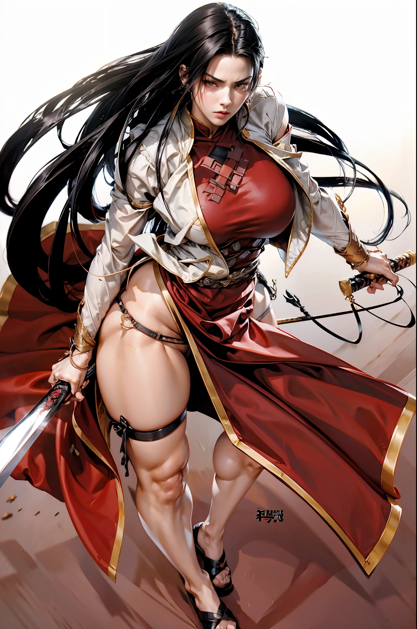 anime girl with long black hair and red dress holding a sword, holding a sword on her shoulder, she is holding a sword, she is holding a katana sword, female action anime girl, cushart krenz, tifa lockhart with white hair, with large sword, katanas strapped to her back, unsheathing her katana, commission for high res