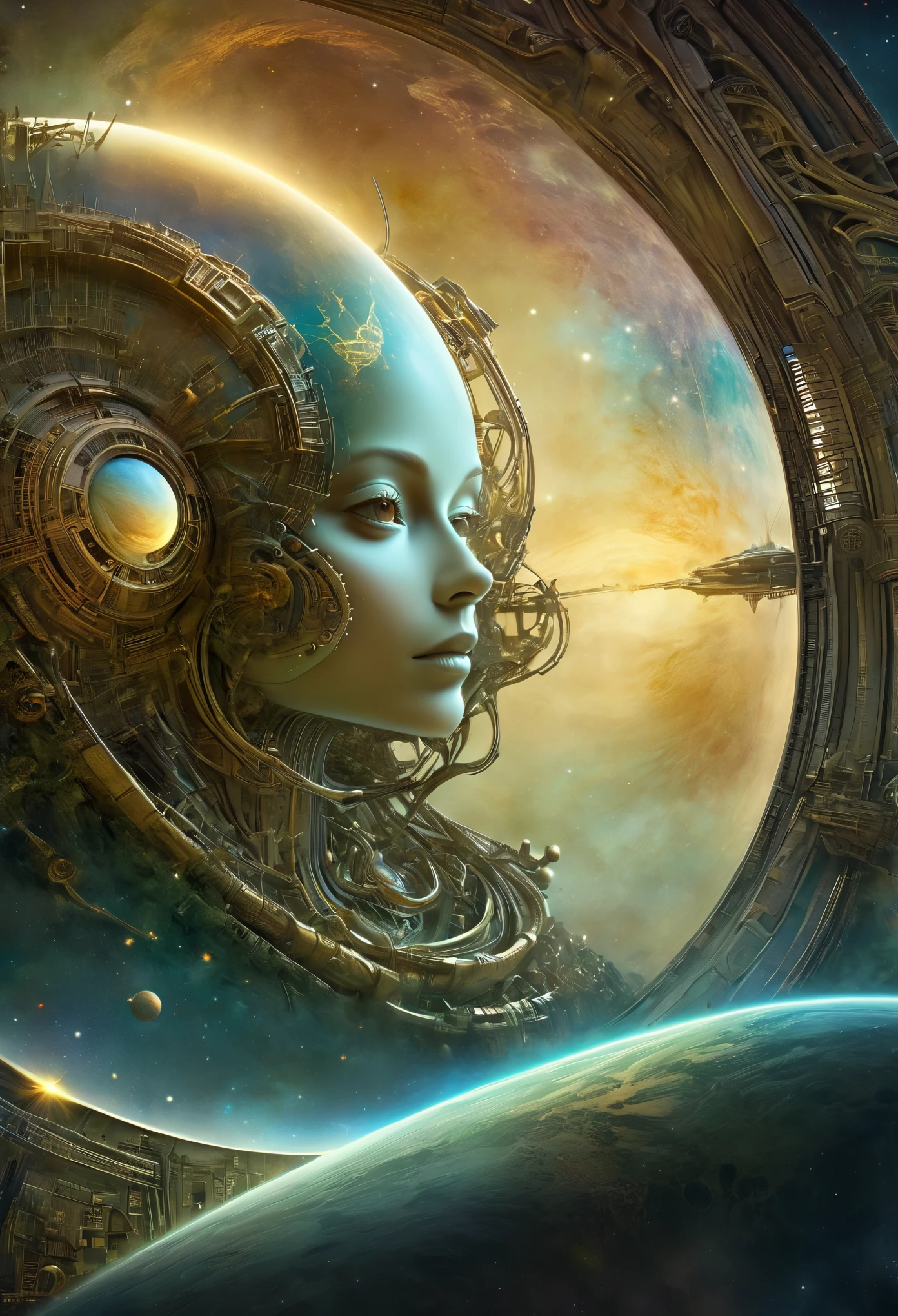 Galactic Interface": An interstellar apparatus designed to interface with the cosmos, Leonardo DaVinci blueprint style, sf, intricate artwork masterpiece, ominous, matte painting movie poster, golden ratio, trending on cgsociety, intricate, epic, trending on artstation, by artgerm, h. r. giger and beksinski, highly detailed, vibrant, production cinematic character render, ultra high quality model, kids story book style, muted colors, watercolor style, Mysterious