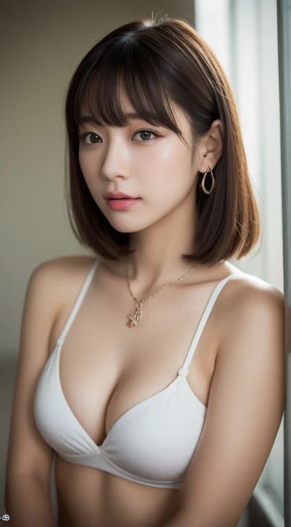 (8k, RAW photo, highest quality, masterpiece:1.2), Super detailed, super resolution, (realistic, realistic Photo:1.37), portrait, High-definition RAW color photo, professional photos, 非常に詳細で美New, very detailed, 8k wallpaper, amazingly detailed, huge file size, official art, highly detailed CG unity 8k wallpaper, very detailed美New女の子, very detailed顔, very detailed目, very detailed肌, very detailed指, very detailed鼻, very detailed詳細な口 , perfect anatomy, very detailed背景, very detailed服, 1 girl, (20:1.2), 20th generation, cute girl, realistic body, The beauty of slim abs, Fair skin, glowing skin, slender body, long slender legs, handsome body, shiny light brown hair, Feminine adult loose bob, (dull bangs:1.2), Overflowing smiles, 美New歯並び, cute, like々New, beautiful small face, realistic face, Beautiful actress' perfect makeup, delicate eyes, Slit eyes that suck you in, Plumpy glossy red lips, flushed cheeks, Fully exposed upper body, small bowl-shaped breasts, small upturned pink areola, Round front slip with embroidery, necklace, earrings, double eyelid, 美New細い眉毛, Shooting a sex scene, Spotlight, Sleeping on your back on a white bed, Sex with a lover, touch breasts, A face that feels with its mouth half open, stare at the viewer, Stunning full body shot from above, dynamic lighting