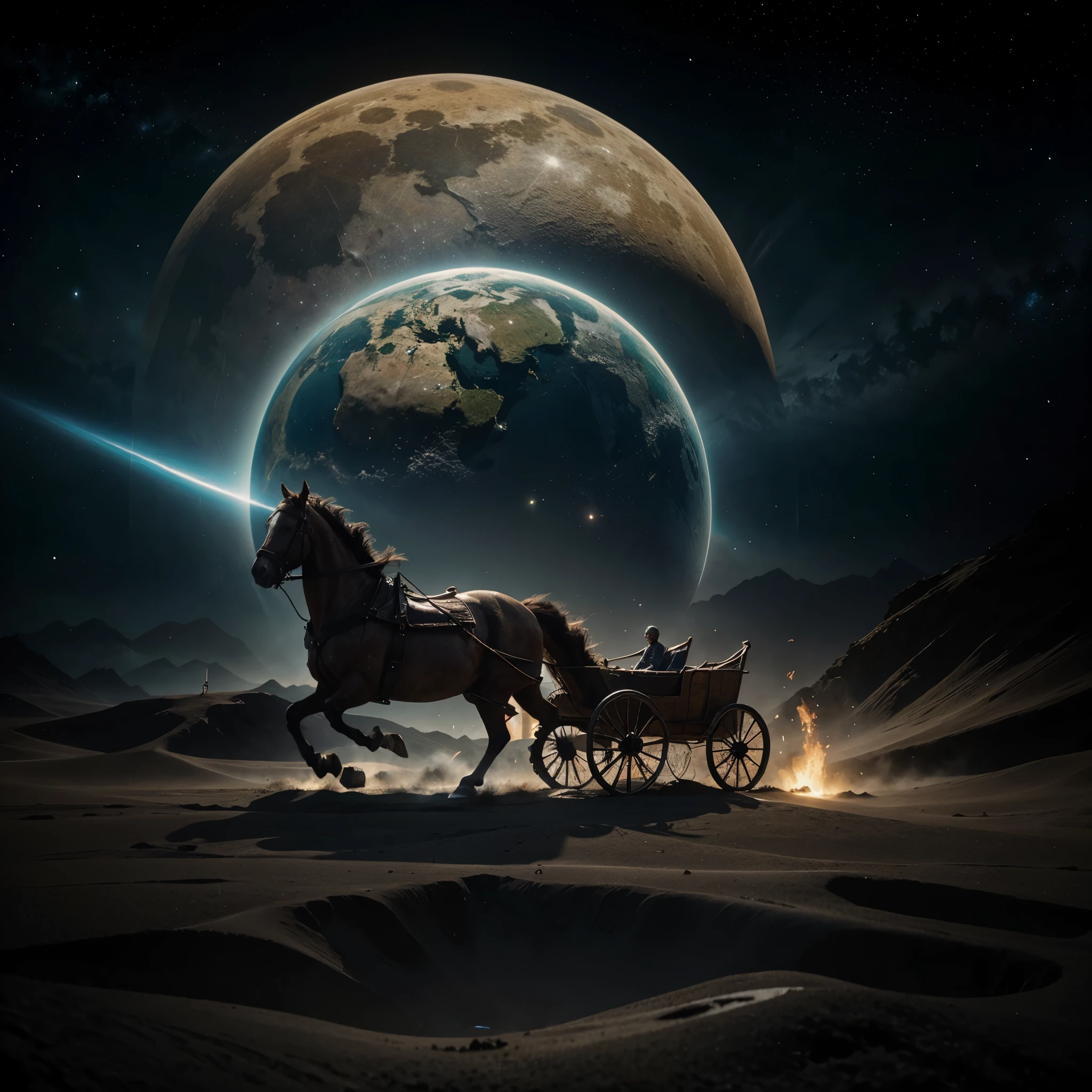 old ancient horse and cart travelling through fabric of space and time to a epic futuristic place down the time line
epic detail, high definition 