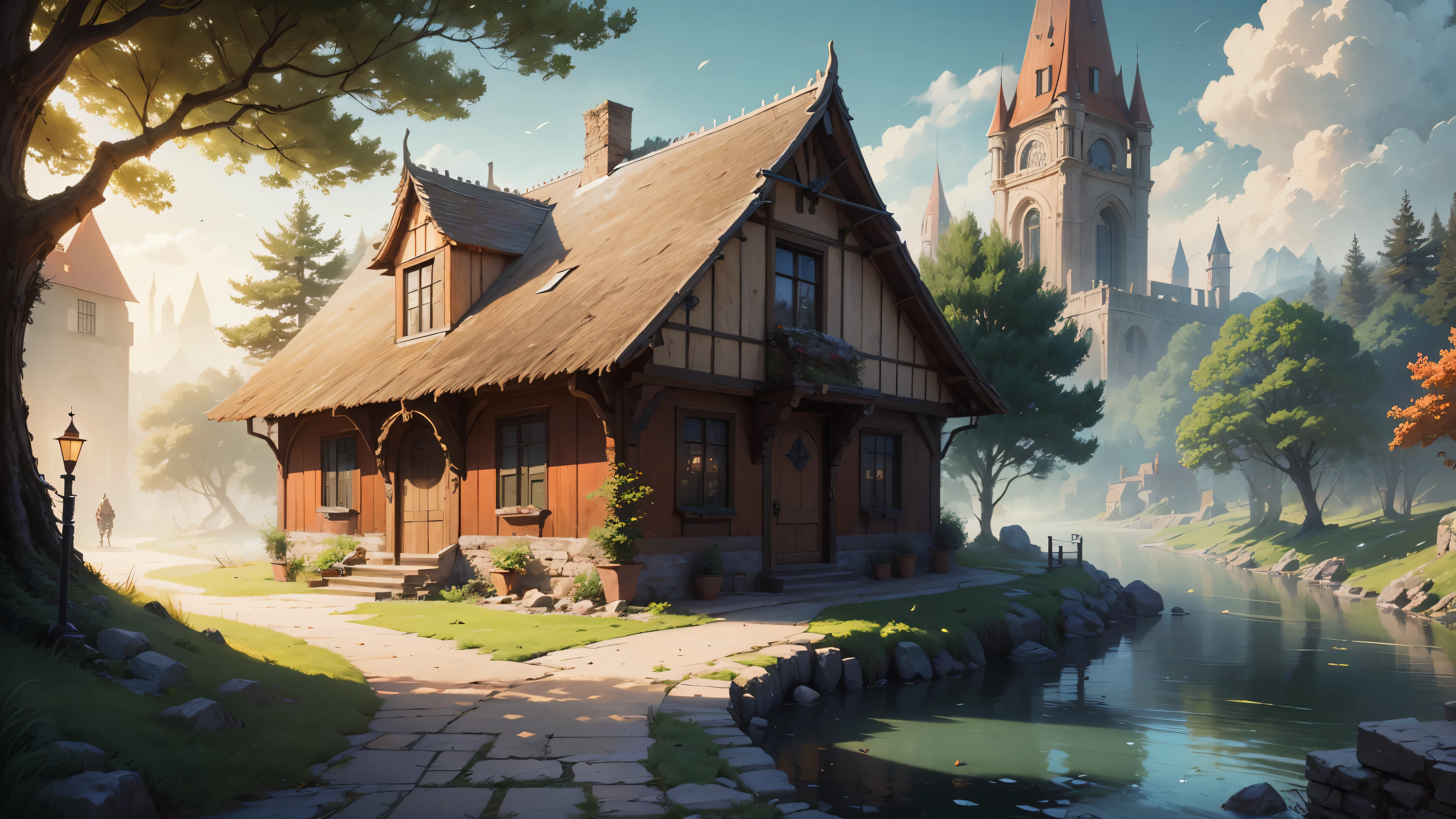 medieval village, fantasy, D&D, concept art, sharp focus, trending on artstation, digital painting, midday, sunny, beautiful, texture, wizards of the coast, tabletop, roleplay, stone and wooden building materials, european culture, river side, (red roof:1.2), trees, bushes