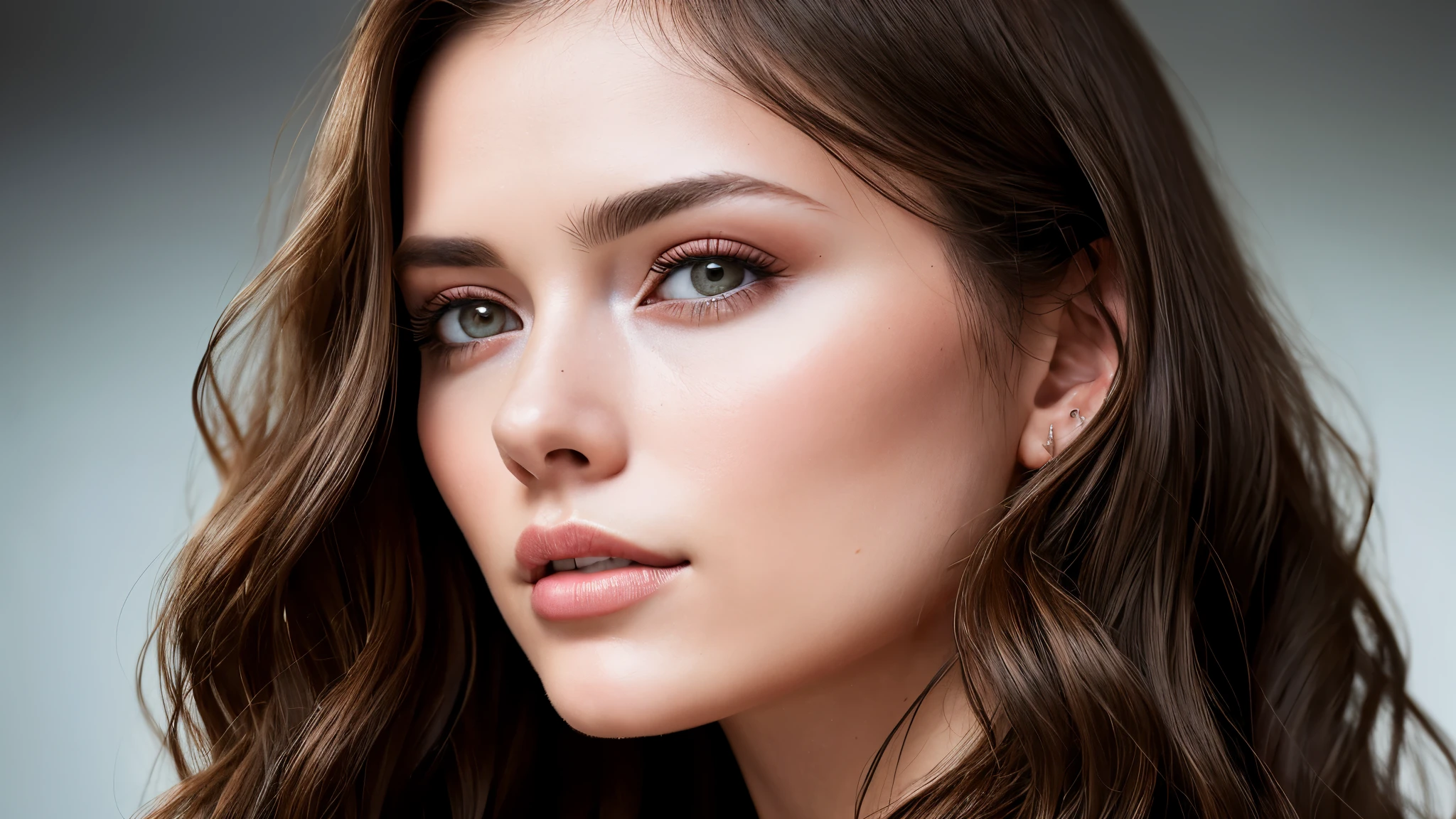portrait photo of 25 year old European girl, RAW, beautiful woman, semi-open strawberry lip, dimples, wistful expression, (brown hair with extra long wavy), ((detailed face)), ((detailed facial features)), (fine detailed skin), pale skin, (cool color), moist, damp, reflection, (masterpieceShot with Canon EOS R5 (detail) (Realistic photos) (Detailed details) 50mm lens, f/2.8, HDR, (8k) (cinematic lighting) (dramatic lighting) (sharp focus) (complex),gigachad photography, camera pose, 8k uhd, dslr, high quality, Film Stock Photo 4 Kodak Portra 400 Camera F1.6 Lens Rich colors Ultra-realistic textures Dramatic lighting Unreal Engine Art Station Trends Cinestill 800 Tungsten, Toughboy Style, Ultra Focus Face, Intimidating, Combat Position, Black and Long Curly, Muscles, Bursting Veins, Beads, Young woman with open silk shirt, photorealistic, upscale, lint ricate, full body, elegant, highly detailed, very elaborate, photorealistic art, concept art by art, matte, neoartcore, sharp focus, illustration, shiny skin, photorealistic clothes, beautiful face, Symmetrical eyes, symmetrical, beautiful eyes, photorealistic face, perfect face, symmetrical body, photorealistic eyes, safe to work, photorealistic body, photorealistic woman, photorealistic hair, photorelistic mouth, ultra high resolution, best quality, 8K,