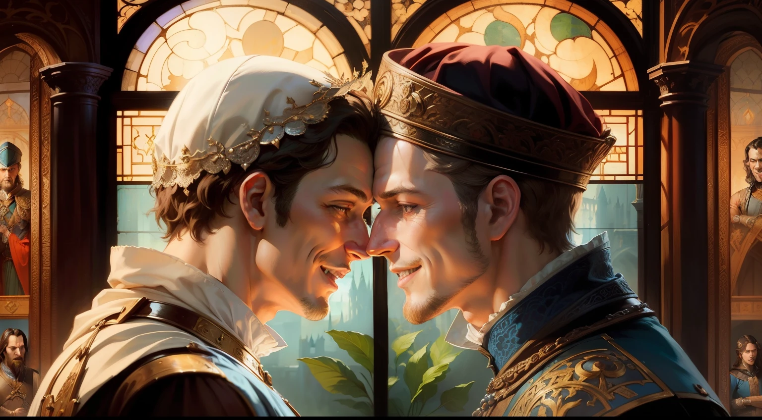 arafed image of two men in medieval clothing smiling and  facing each other, renaissance digital painting, darius zawadzki and tom bagshaw, donato giancola and tom bagshaw, biopic, inspired by Hubert van Eyck, inspired by Brothers Hildebrandt, historical artworks, inspired by Johann Friedrich Overbeck, baroque digital painting, inspired by the Brothers Hildebrandt