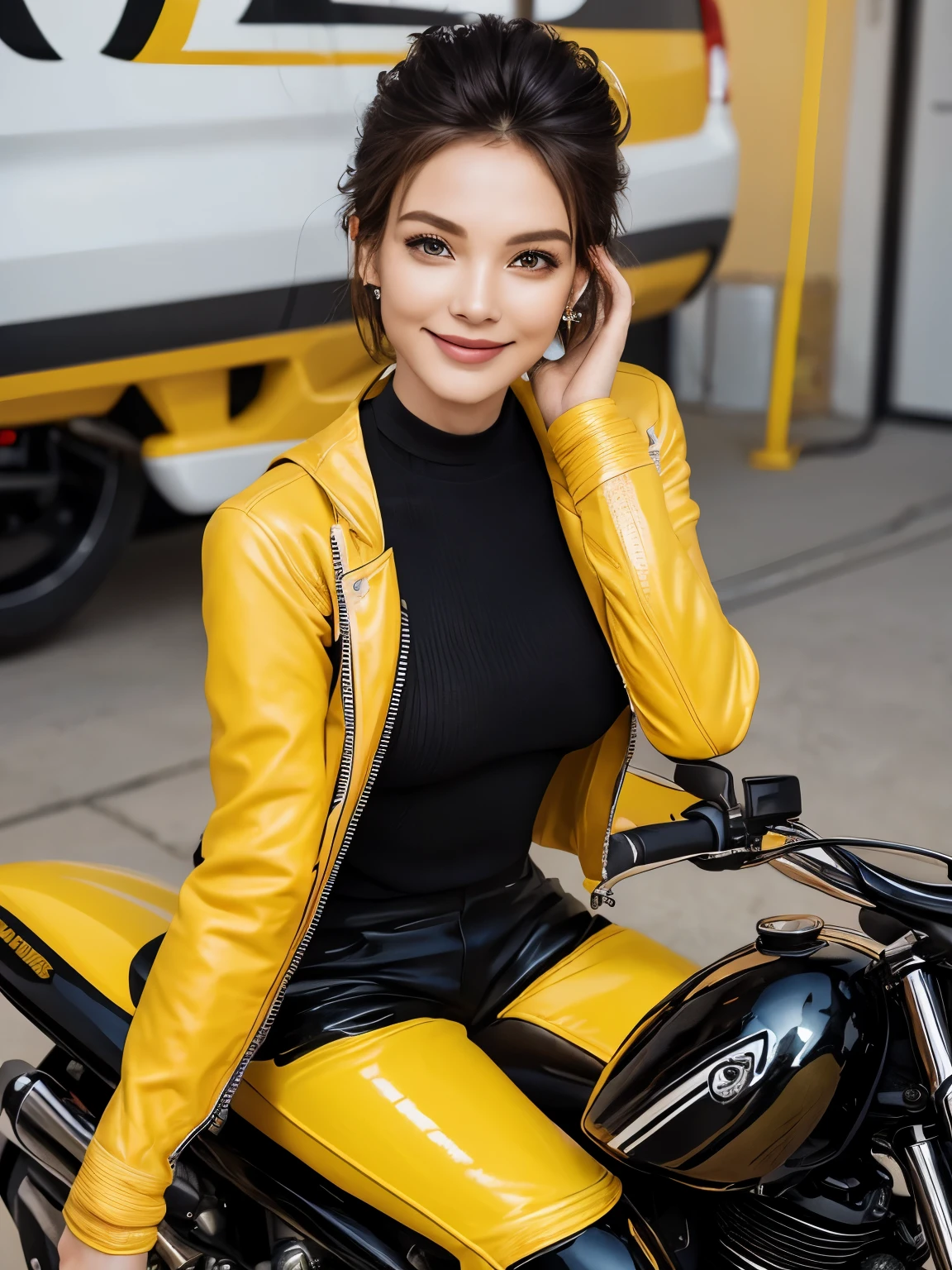((highest quality)), ((masterpiece)), (detailed motorcycle), perfect face、Accurate five-fingered hands、double eyelids、small face、realistic skin texture、full body shot、long legs、Beauty、((yellow jacket and pants))、smile、slender body、Moist eyes、((spread legs))、((riding a motorcycle))、short hair