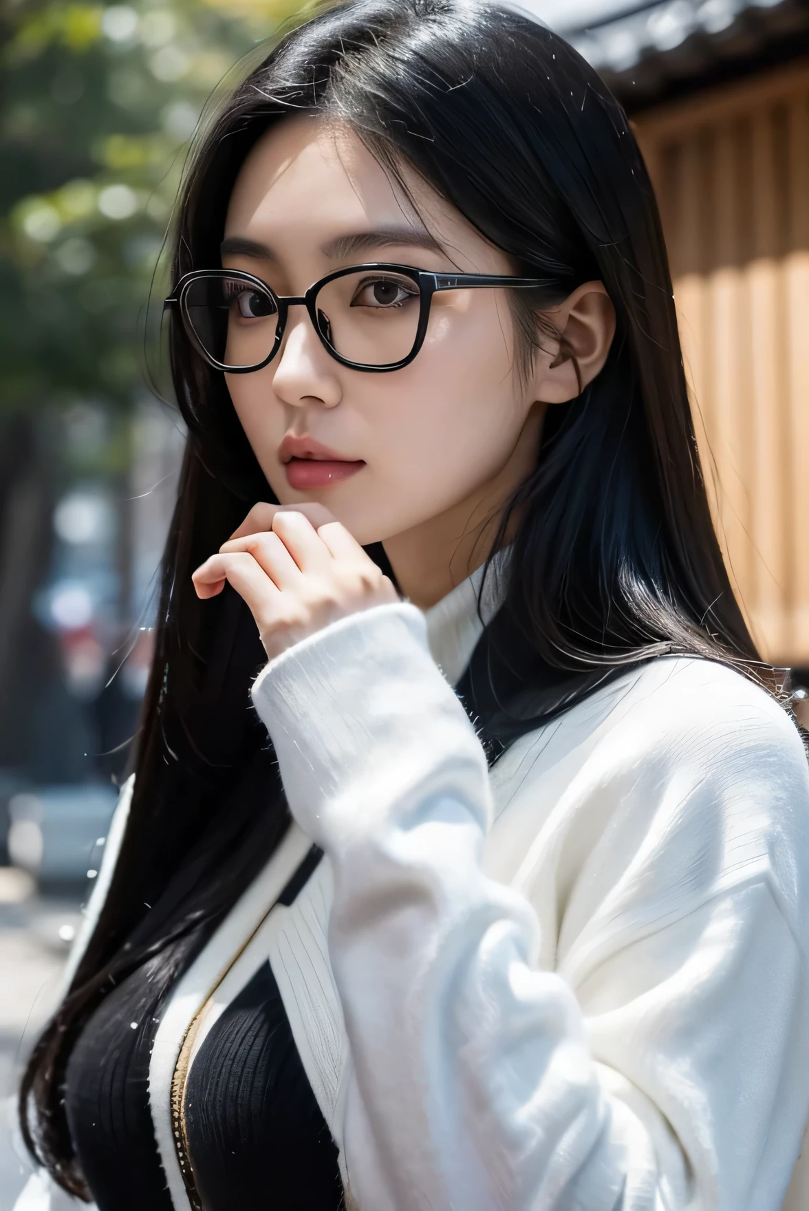 Uma mulher japonesa adulta com longos cabelos preto-azulados, a very beautiful and serious hexagonal face, olhos pretos, nariz empinado, narrow lips, wearing a white turtleneck sweater and very beautiful black glasses, No fundo, The University of Tokyo, tempo dourado