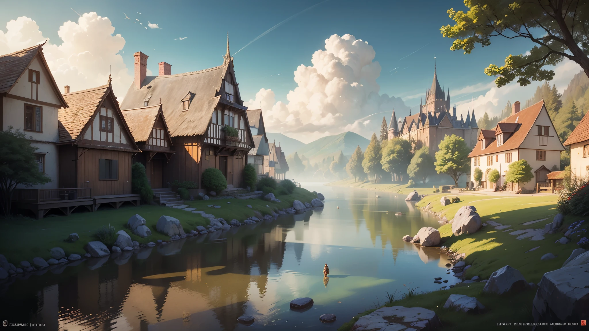 medieval village, fantasy, D&D, concept art, sharp focus, trending on artstation, digital painting, midday, sunny, beautiful, texture, wizards of the coast, tabletop, roleplay, stone and wooden building materials, european culture, river side, (red roof:1.2), trees, bushes