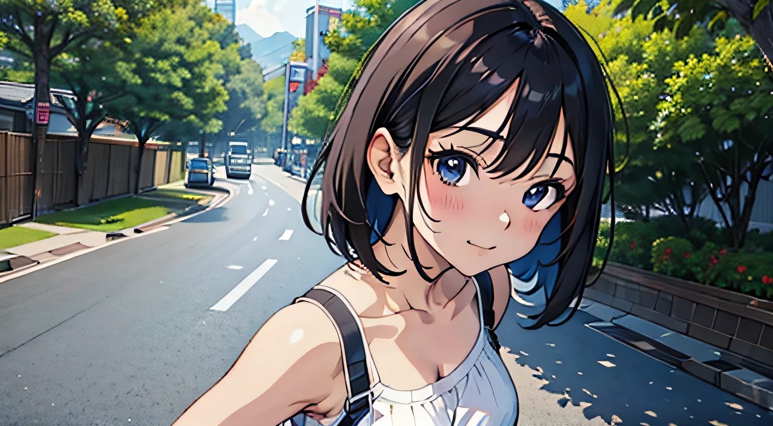 4K, A high resolution, Best quality at best, masterpiece, perfect colors, perfect shadow, perfect litthing, ((sportrait)), Anime girl sitting in car with hand on chin, Anime visuals of cute girls, Seductive Anime Girl, charming anime girls, anime styled, High quality anime art style, Beautiful anime girl, young anime girl, Anime Girl, Anime Girl with Long Hair, tight crop top, big breast, half breast open, background is Tokyo city 80s,  an anime girl, Cute anime girl, face closeup