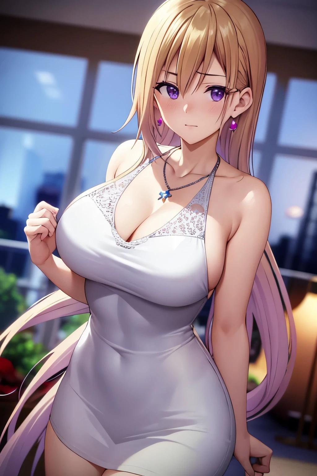 masterpiece, (best quality), 1woman,1girl ,1boy,,kawakami_mai,    blonde hair,  long hair, hair let down,  purple eyes, formal dress, white dress,   jewelry, necklace, earrings, large breasts, mole under eye, embarrassed,blush,  formal ,   vibrant colors ,,natural lighting  ,RTX,  , beautiful, (detailed face:1.2), showcase, (perfect eyes:1.1) ,(photorealistic:1.1), 8k uhd,  looking at viewer, indoorackround