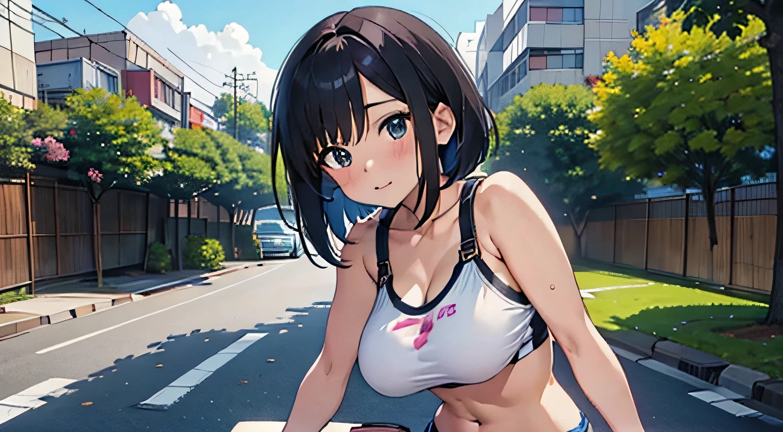 4K, A high resolution, Best quality at best, masterpiece, perfect colors, perfect shadow, perfect litthing, ((sportrait)), Anime girl sitting in car with hand on chin, Anime visuals of cute girls, Seductive Anime Girl, charming anime girls, anime styled, High quality anime art style, Beautiful anime girl, young anime girl, Anime Girl, Anime Girl with Long Hair, tight crop top, big breast, half breast open, background is Tokyo city 80s,  an anime girl, Cute anime girl, face closeup