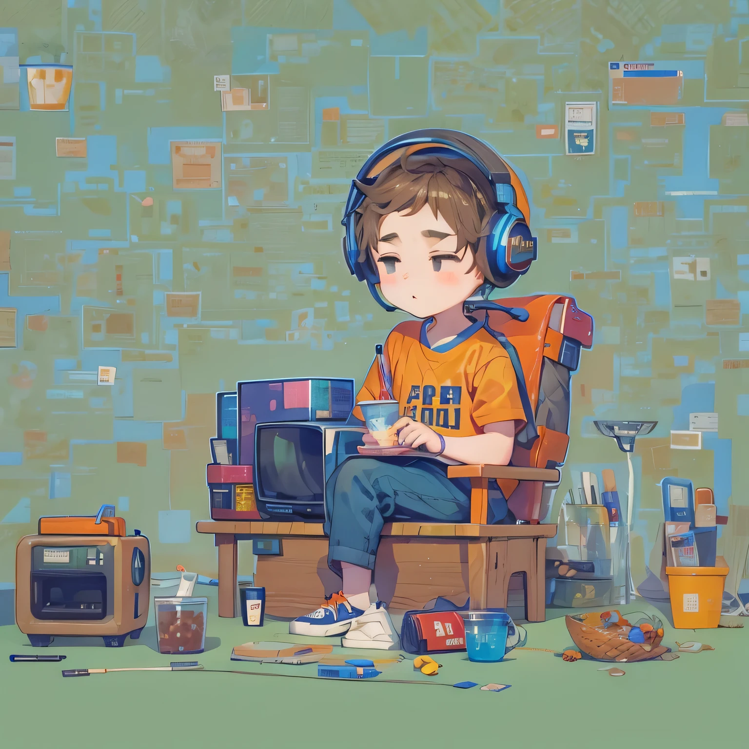 pixel art, fishbowl, fishbowl속 물고기, It&#39;s crowded with TVs and miscellaneous things.., a man sitting on trash, An entertainment program is playing on TV.., container, fishbowl을 바라보는 고양이, Handsome man, wear a headset, precise hand, Correct foot