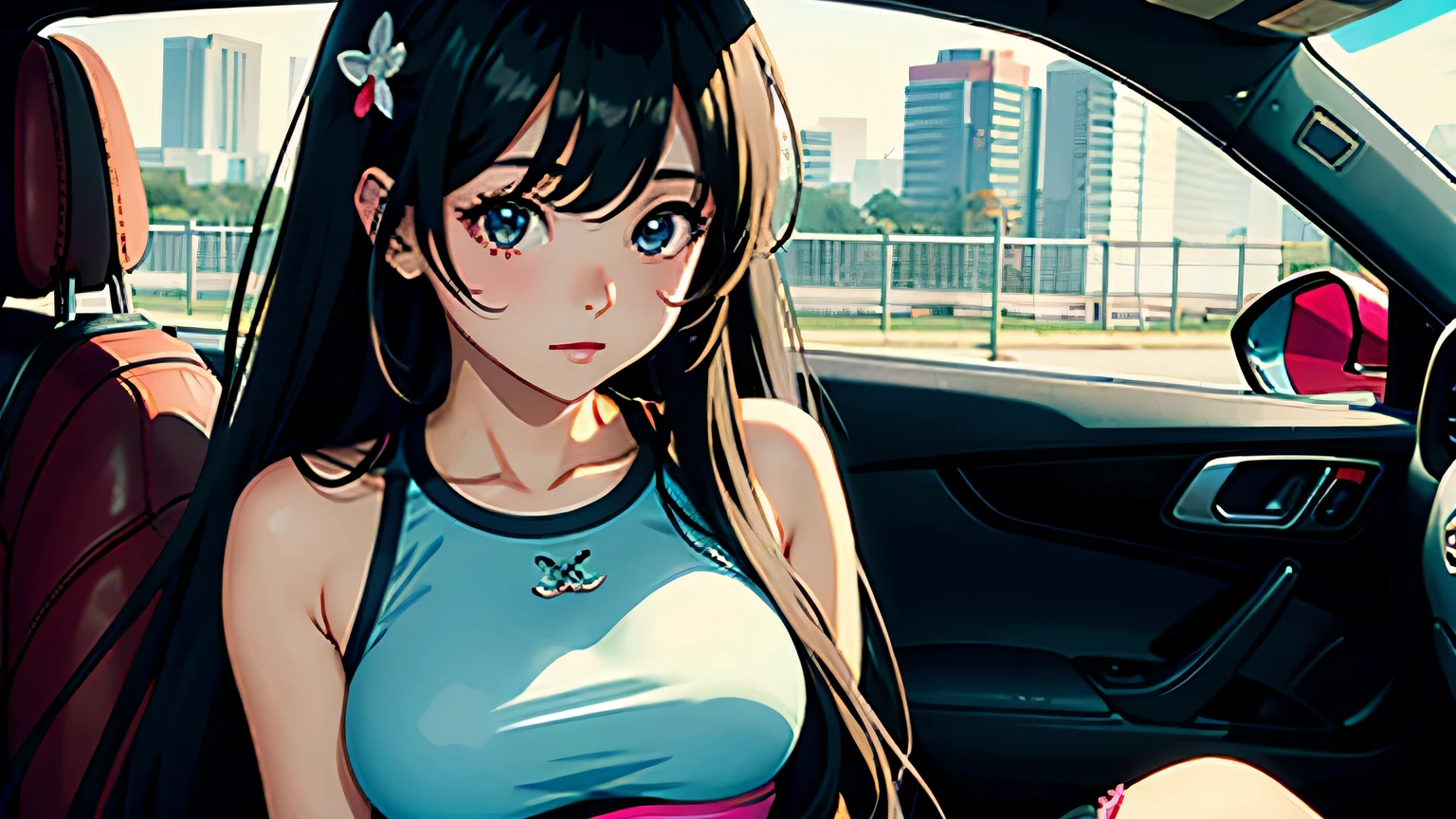 4K, A high resolution, Best quality at best, masterpiece, perfect colors, perfect shadow, perfect litthing, ((sportrait)), Anime girl sitting in car with hand on chin, Anime visuals of cute girls, Seductive Anime Girl, charming anime girls, anime styled, High quality anime art style, Beautiful anime girl, young anime girl, Anime Girl, Anime Girl with Long Hair, tight crop top, big breast, half breast open, background is Tokyo city 80s, an anime girl, Cute anime girl, face closeup