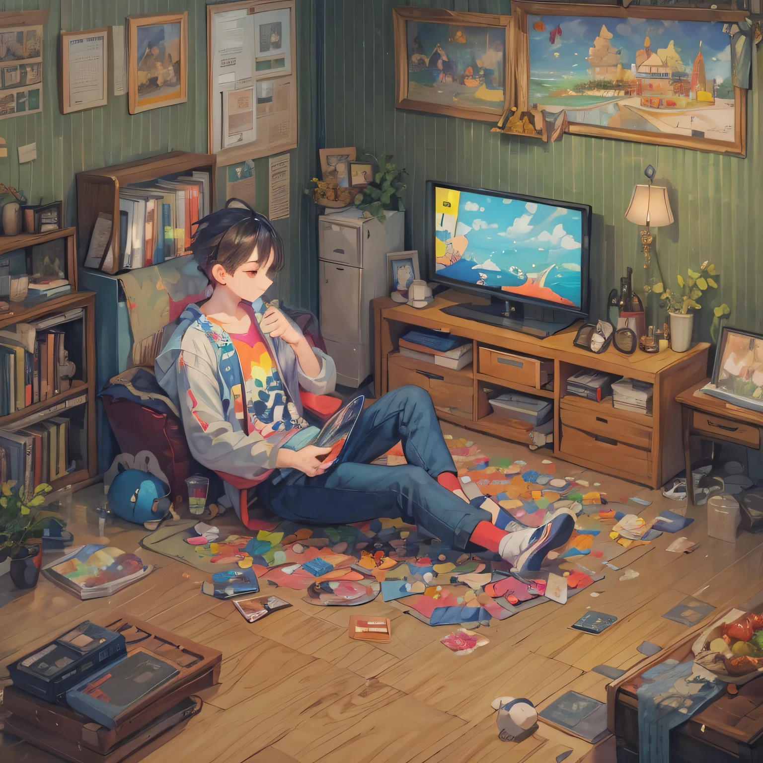 pixel art, fishbowl, fishbowl속 물고기, It's crowded with TVs and miscellaneous things.., a man sitting on trash, An entertainment program is playing on TV.., container, fishbowl을 바라보는 고양이, Handsome man, wear a headset, precise hand, Correct foot
