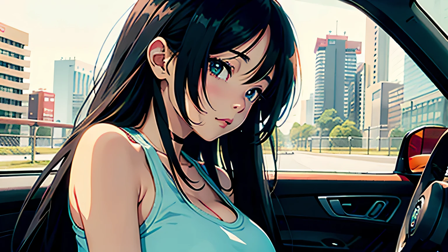 4K, A high resolution, Best quality at best, masterpiece, perfect colors, perfect shadow, perfect litthing, ((sportrait)), Anime girl sitting in car with hand on chin, Anime visuals of cute girls, Seductive Anime Girl, charming anime girls, anime styled, High quality anime art style, Beautiful anime girl, young anime girl, Anime Girl, Anime Girl with Long Hair, tight crop top, big breast, half breast open, background is Tokyo city 80s,  an anime girl, Cute anime girl, face closeup