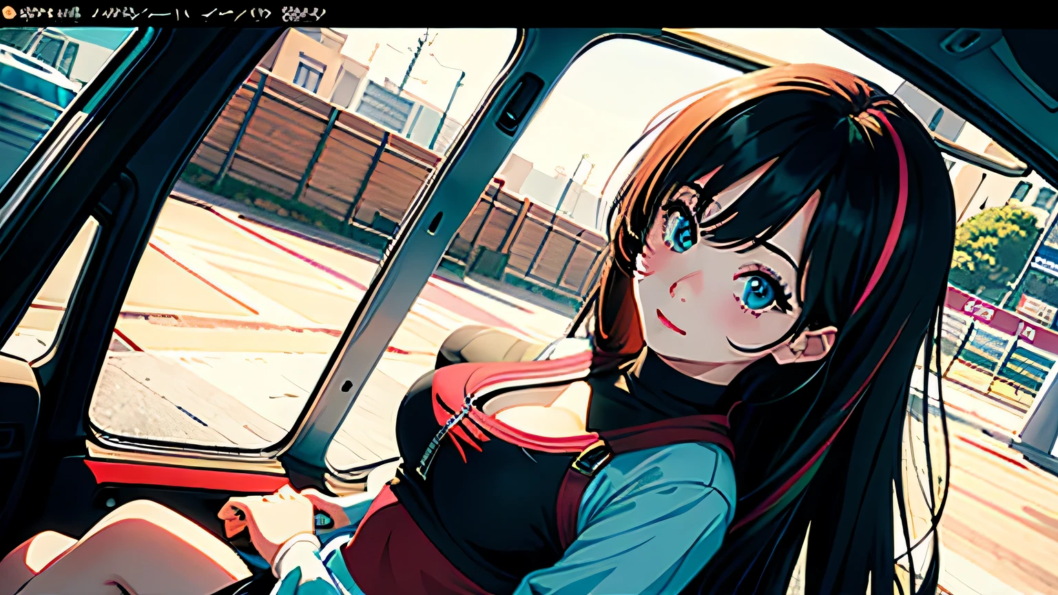 4K, A high resolution, Best quality at best, masterpiece, perfect colors, perfect shadow, perfect litthing, ((sportrait)), Anime girl sitting in car with hand on chin, Anime visuals of cute girls, Seductive Anime Girl, charming anime girls, anime styled, High quality anime art style, Beautiful anime girl, young anime girl, Anime Girl, Anime Girl with Long Hair, tight crop top, big breast, half breast open, background is Tokyo city 80s,  an anime girl, Cute anime girl, face closeup