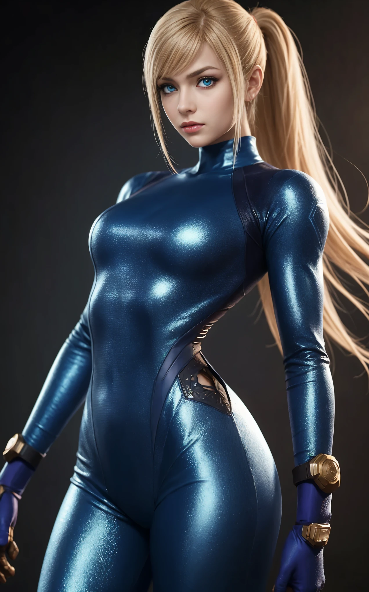 zero suit samus, blue eyes, stunning proportions, zero suit, skin-fit bodysuit, shiny skin, intricate details