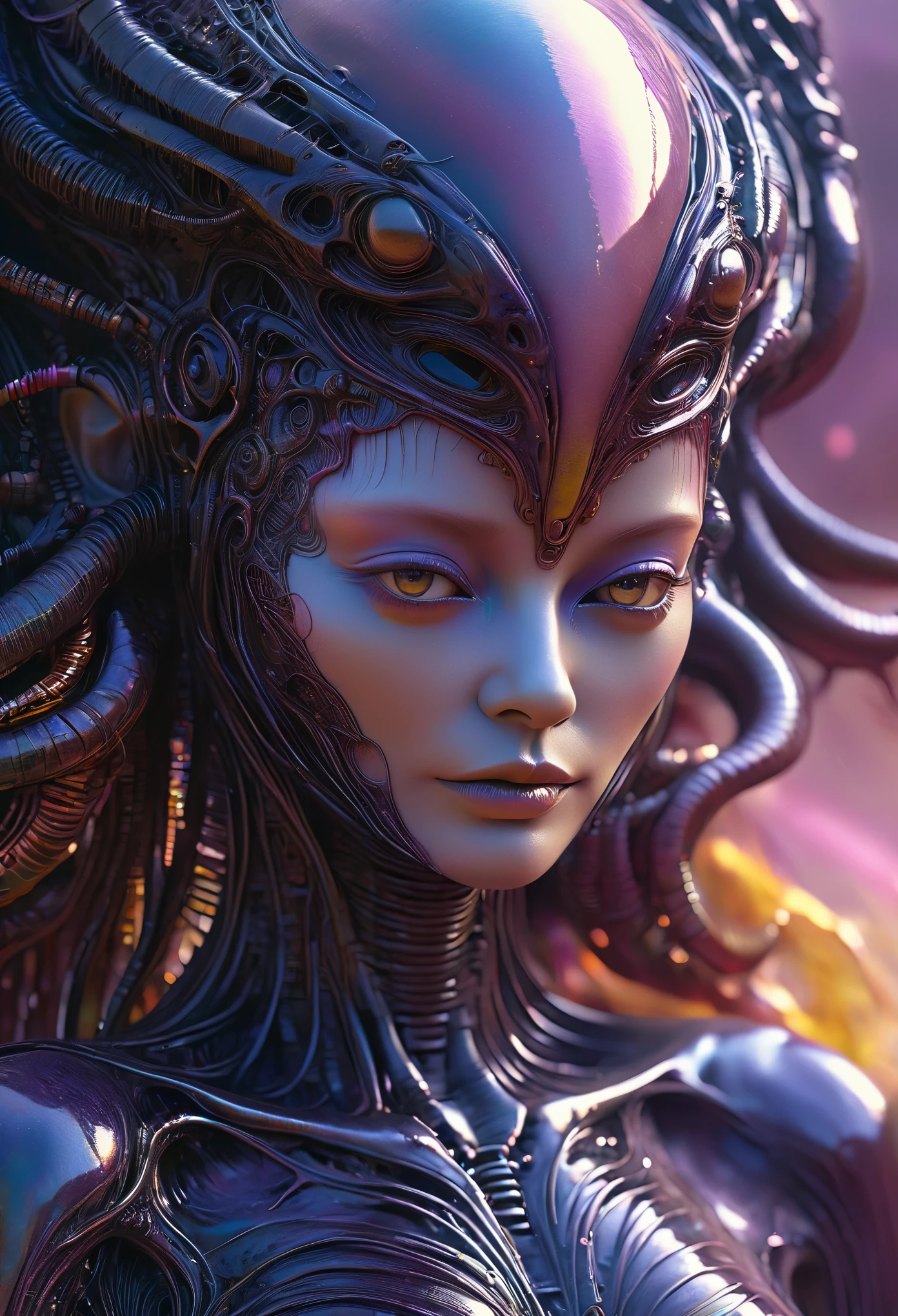 Photorealistic, extraterrestrial anthropomorphic alien Venus form, fusion of fantasy style, H.R. Giger bio-mechanical aesthetics, Beeple abstract digital techniques, close-up, vigorous but blurred brush strokes, highly saturated colors, soft natural light engendering stillness, amidst a vast and unsettling environment, ultra fine