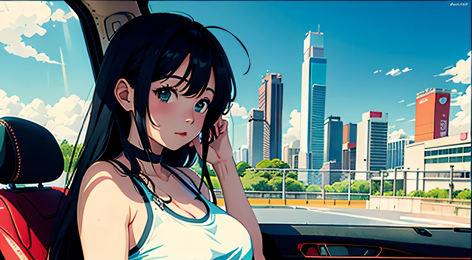 4K, A high resolution, Best quality at best, masterpiece, perfect colors, perfect shadow, perfect litthing, ((sportrait)), Anime girl sitting in car with hand on chin, Anime visuals of cute girls, Seductive Anime Girl, charming anime girls, anime styled, High quality anime art style, Beautiful anime girl, young anime girl, Anime Girl, Anime Girl with Long Hair, tight crop top, big breast, half breast open, background is Tokyo city 80s, an anime girl, Cute anime girl