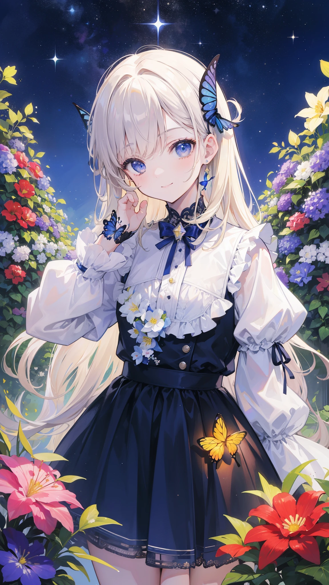 32k, highest quality, expensive_solve, clear_image, detailed background, cute boy, flower, garden, starry sky, Beautiful modeling, smile, lots of butterflies々,