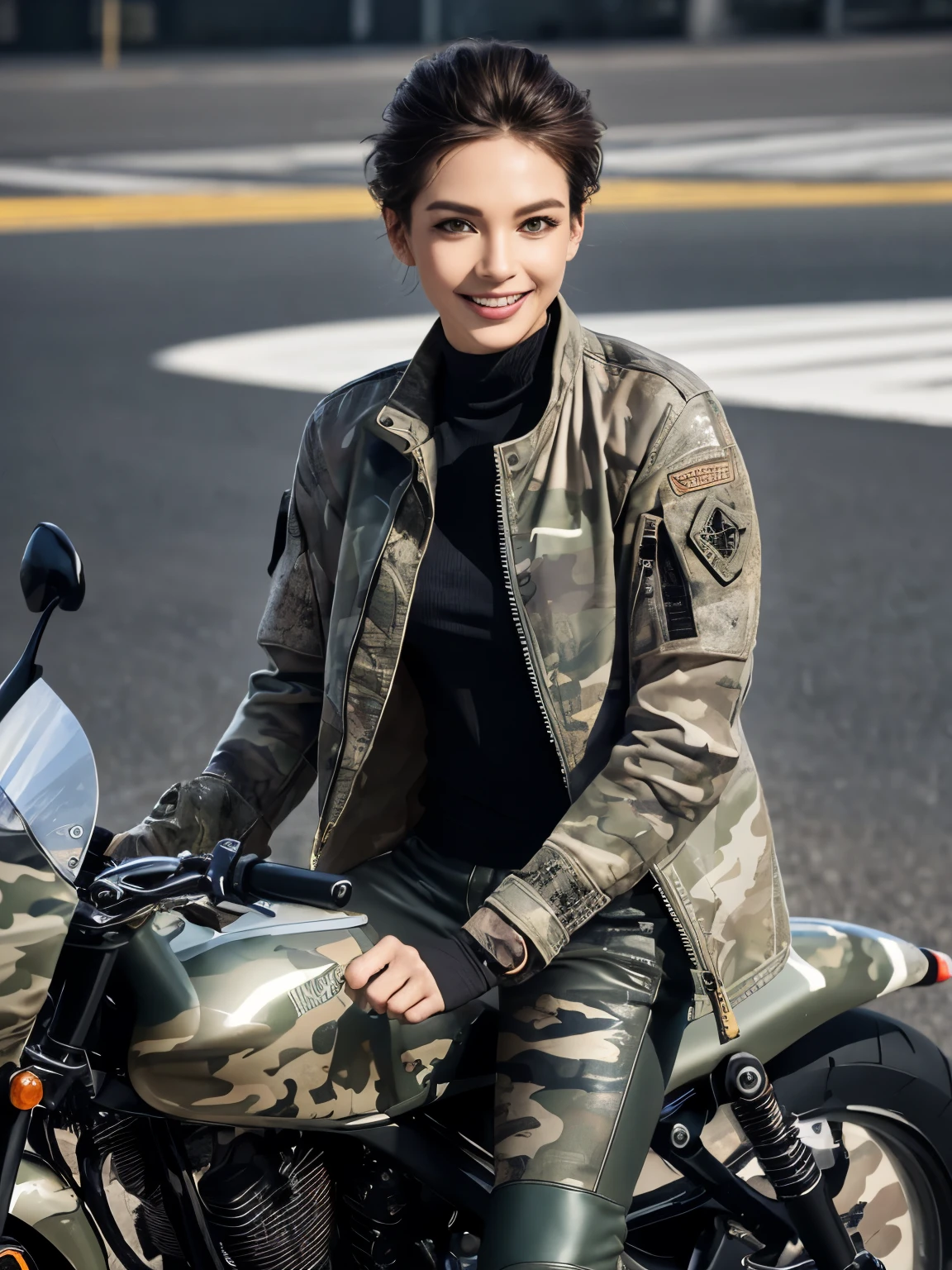 ((highest quality)), ((masterpiece)), (detailed motorcycle), perfect face、Accurate five-fingered hands、double eyelids、small face、realistic skin texture、full body shot、long legs、Beauty、((camouflage jacket and pants))、smile、slender body、Moist eyes、((spread legs))、((riding a motorcycle))、short hair