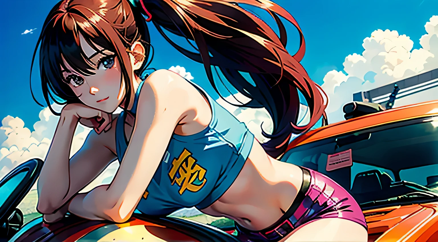 4K, A high resolution, Best quality at best, masterpiece, perfect colors, perfect shadow, perfect litthing, ((sportrait)), Anime girl sitting in car with hand on chin, Anime visuals of cute girls, Seductive Anime Girl, charming anime girls, anime styled, High quality anime art style, Beautiful anime girl, young anime girl, Anime Girl, Anime Girl with Long Hair, tight crop top, big breast, half breast open, background is Tokyo city 80s, an anime girl, Cute anime girl