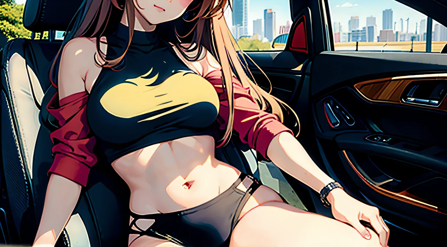 4K, A high resolution, Best quality at best, masterpiece, perfect colors, perfect shadow, perfect litthing, ((sportrait)), Anime girl sitting in car with hand on chin, Anime visuals of cute girls, Seductive Anime Girl, charming anime girls, anime styled, High quality anime art style, Beautiful anime girl, young anime girl, Anime Girl, Anime Girl with Long Hair, tight crop top, big breast, half breast open, background is Tokyo city 80s,  an anime girl, Cute anime girl