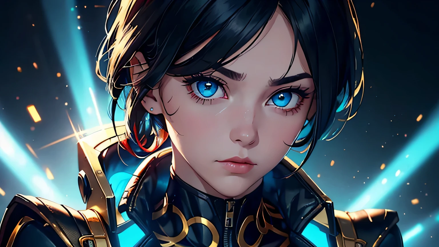 4K, A high resolution, Best quality at best, masterpiece, perfect colors, perfect shadow, perfect litthing, ((sportrait)), 1woman, fit body, heterochromia eyes，dark blue hair , blue eyes, With round lenses, The audience watched carefully, (s face: 1.2), Perfect female figure, ((dynamic pose)), ((gold and red Tight crop top gold and red leather suit)), ((shy and looking at viewert)), (Perfect thick white eyebrows) Delicate fur, 详细s face, s the perfect face,  , (dynamic pose), cyberpunk abstract background, ((Bonifasko lighting)), (The round lenses on his eyes)(detailed eyes), Perfect student, ((face close up))