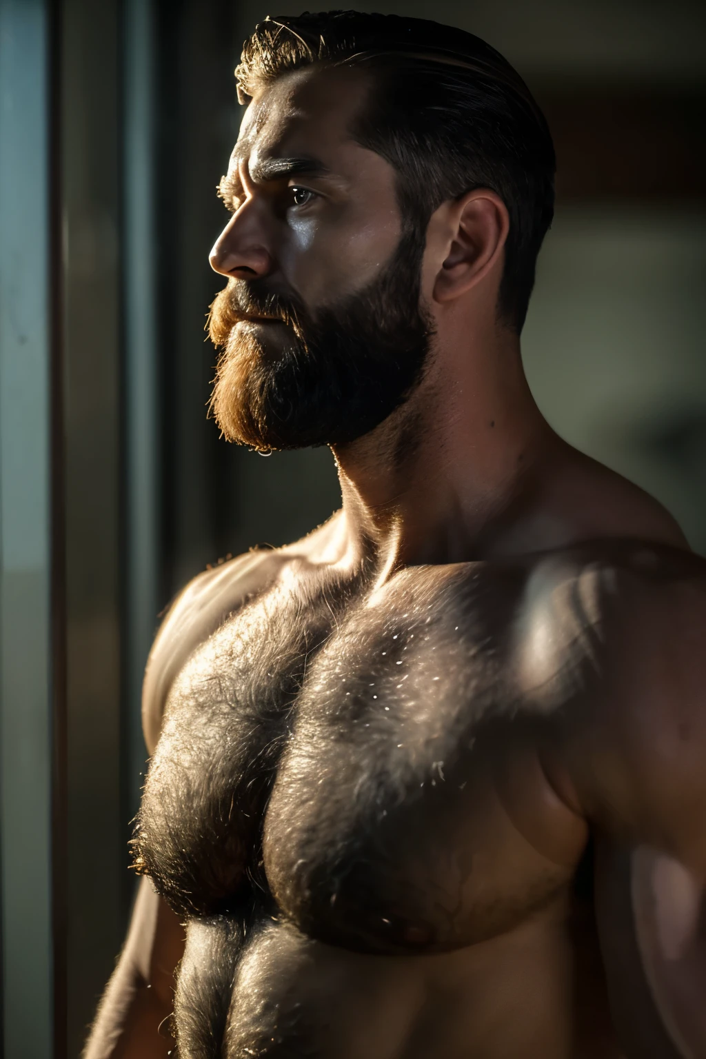 Atractive 40 year old bearded muscular man, undercut haircut, hairy chest, penis, wearing nothing, standing outside , cinematic, photorealistic, detailed, foolbody shot ((best quality)), ((masterpiece)), (detailed), perfect face
