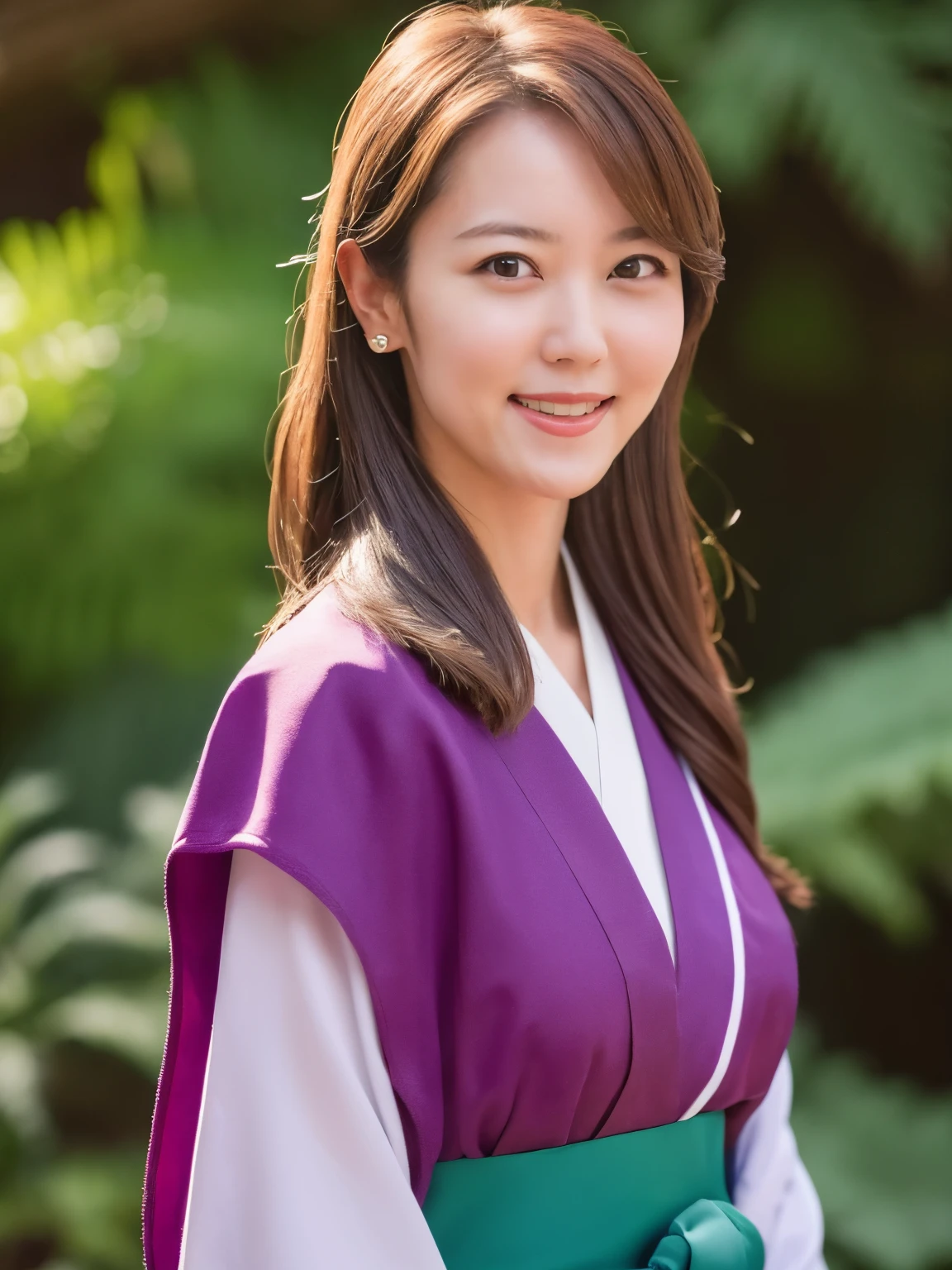 (best quality,highres,ultra-detailed),((portrait )),8k, 1girl, solo,smiling,slender ,upper body shot,wearing Kimono, in a botanic garden